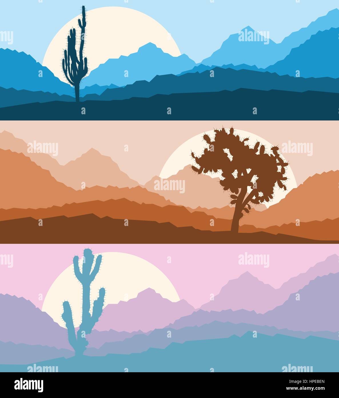 Desert cactus landscape with mountains and hill silhouettes vector ...