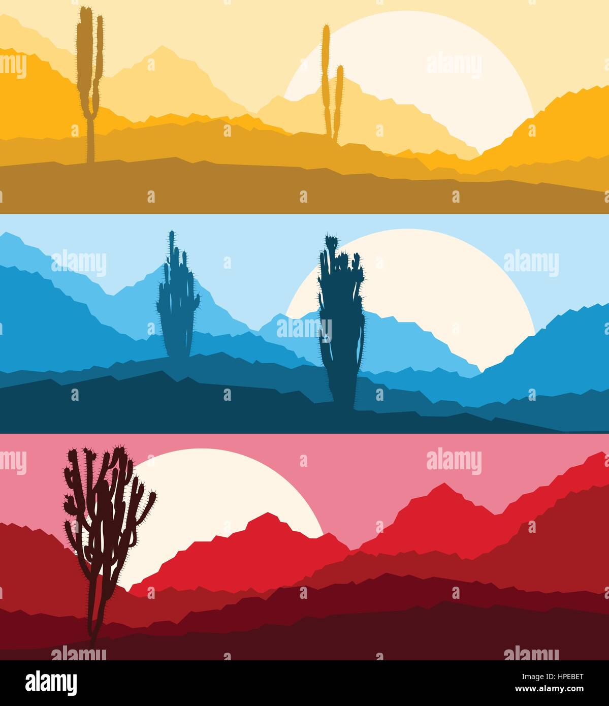 Desert cactus landscape with mountains and hill silhouettes vector ...