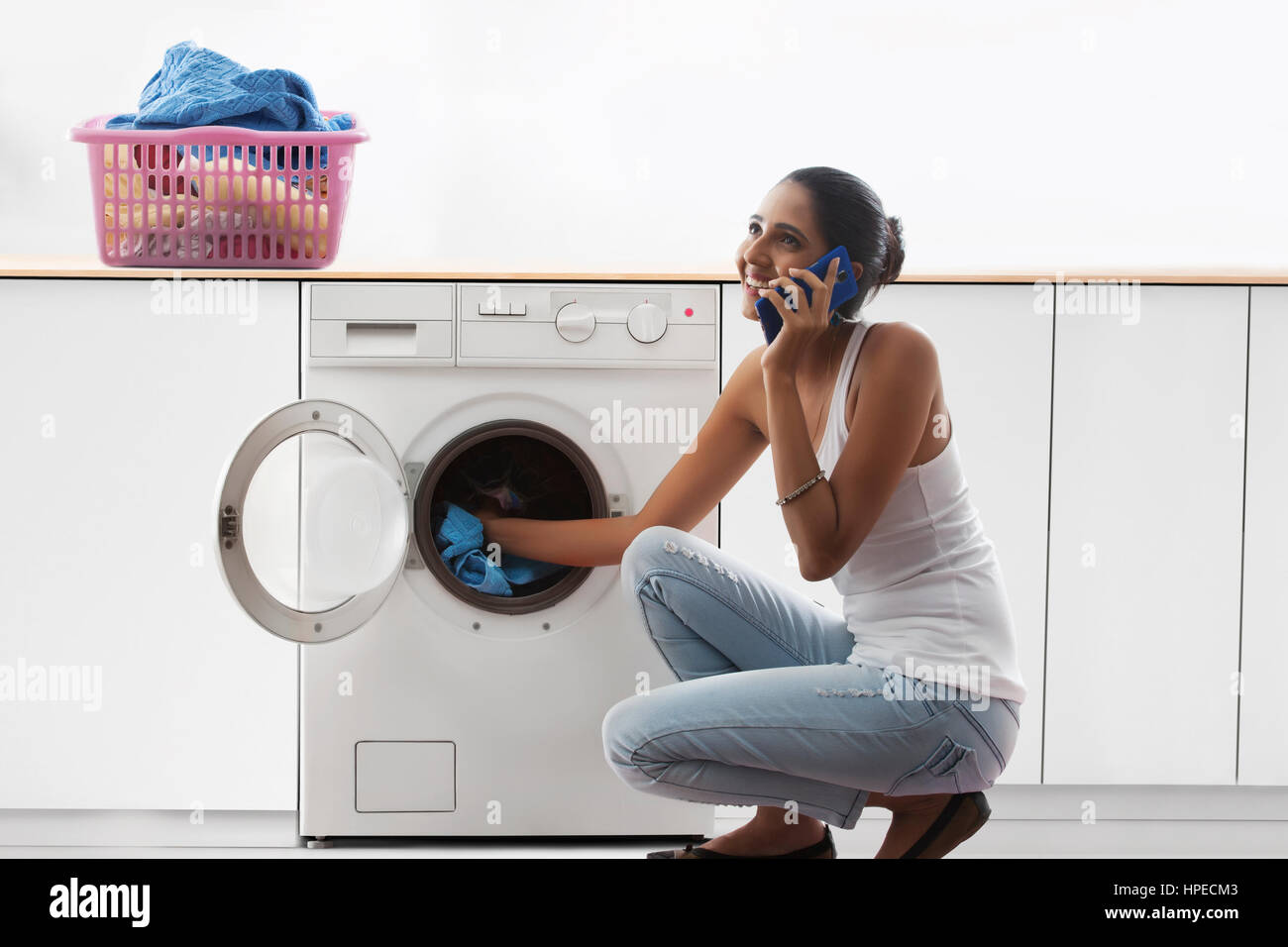 Young Brunette Woman Doing Laundry String Hangs Praying Hands Together —  Stock Photo © Krakenimages.com #527635178