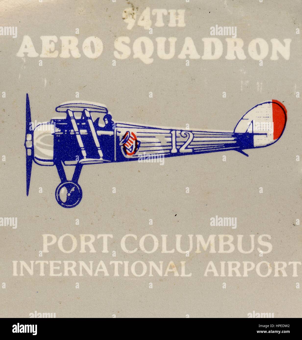 Matchbook cover image for 94th Aero Squadron restaurant at Port Columbus International Airport, now John Glenn Columbus International Airport, Columbus, Ohio, featuring an image of a byplane, 1975. Stock Photo