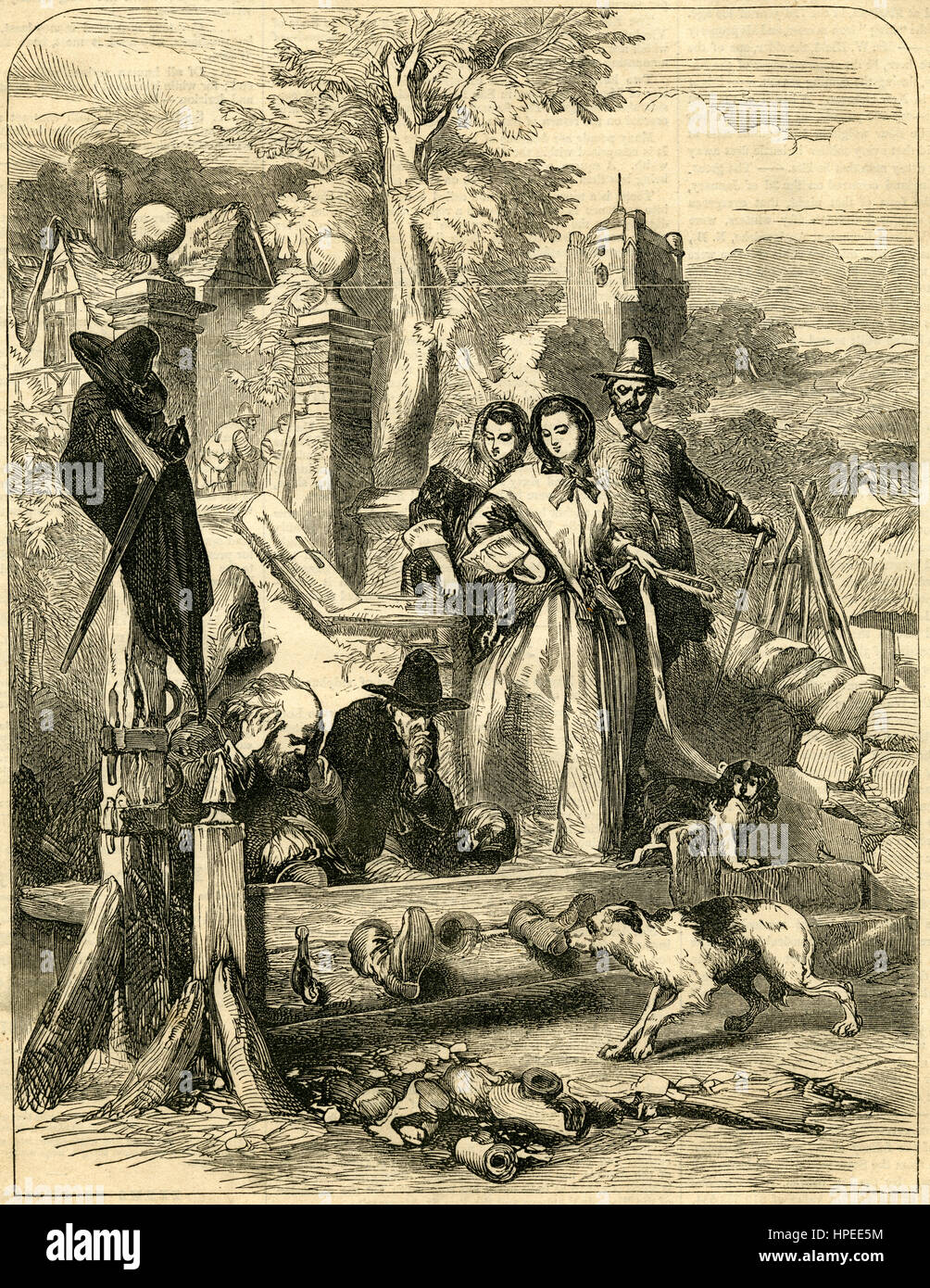 Antique 1854 engraving, Sitting in the Stocks. SOURCE: ORIGINAL ENGRAVING. Stock Photo