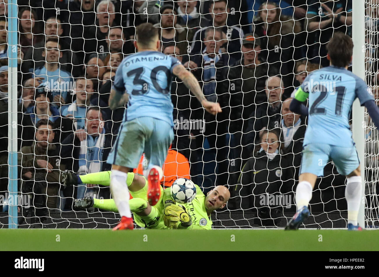 Manchester City goalkeeper Willy Caballero save a penalty from Monaco's Radamel Falcao during the UEFA Champions League match at the Etihad Stadium, Manchester. Stock Photo