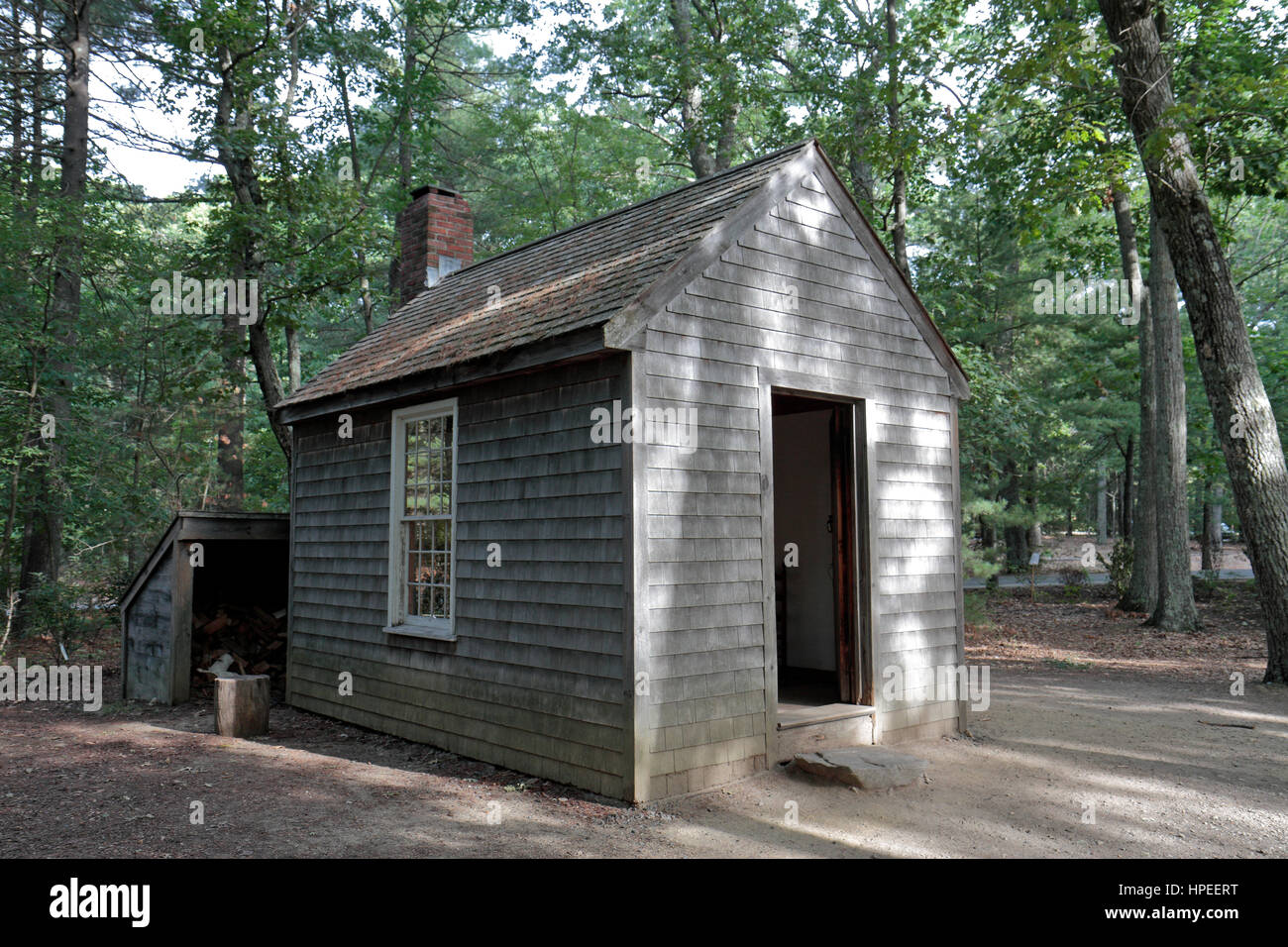 Replica of Henry David Thoreau's small hut beside Walden Woods, close to Walden Pond in Concord, Massachusetts, United States. Stock Photo