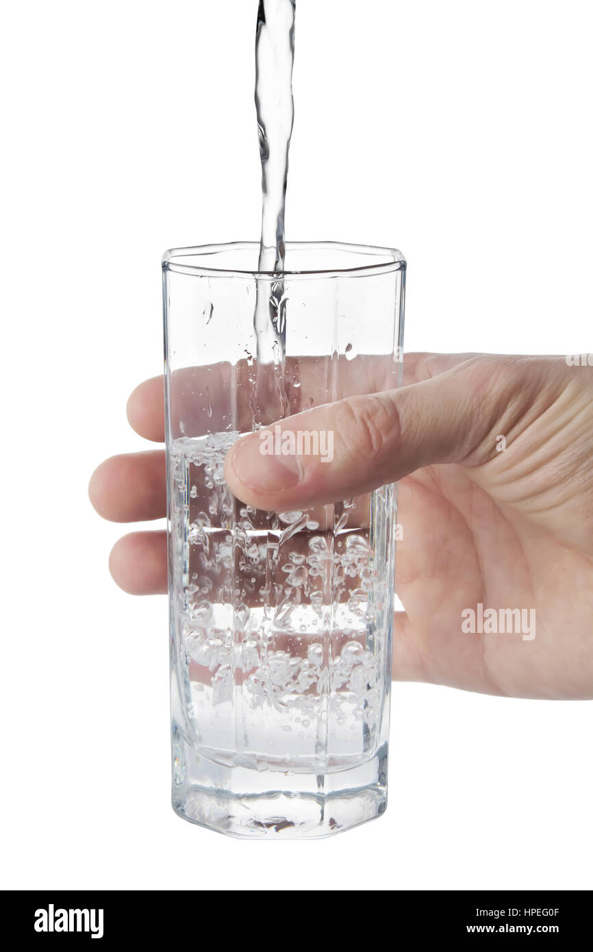 Man's hand holding glass water isolated on white background Stock Photo