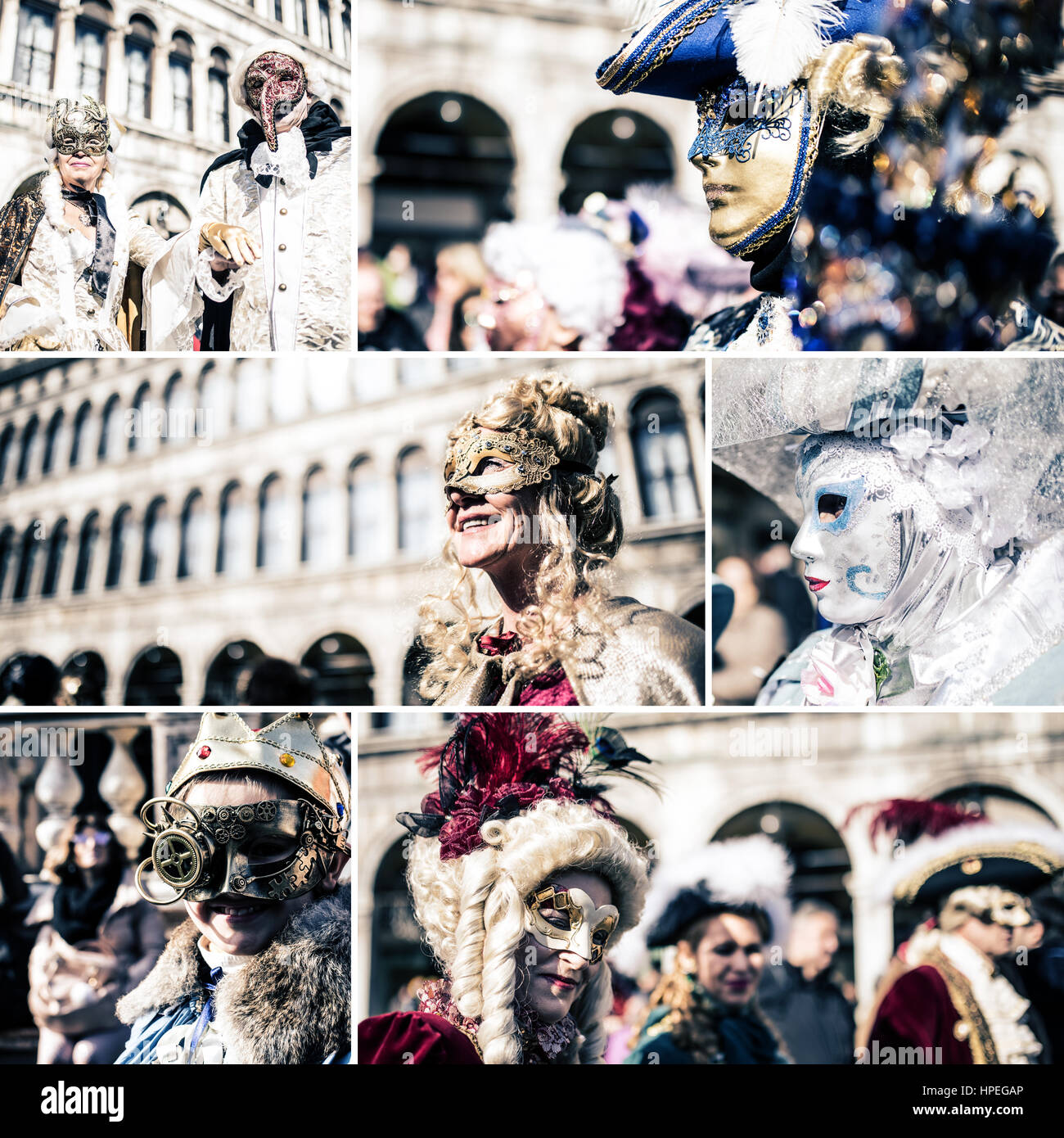 Collage of people with traditional mask at the Venice carnival 2017 Stock Photo