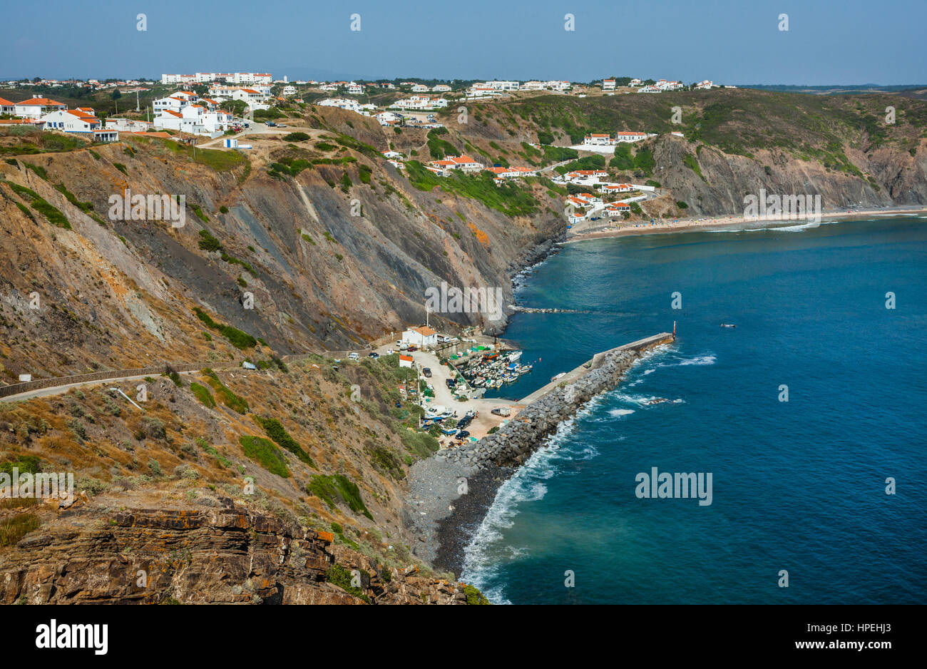 Portugal, Western Algarve, Vicentine Coast Natural Park, view of  harbour of the small fishing village of Arrifana and Praia da Arrifana beach Stock Photo