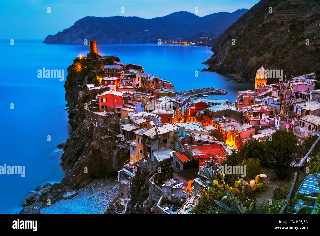 Vernazza village, aerial view on sunset, Seascape in Five lands, Cinque Terre National Park, Liguria Italy Europe. Long Exposure. Stock Photo