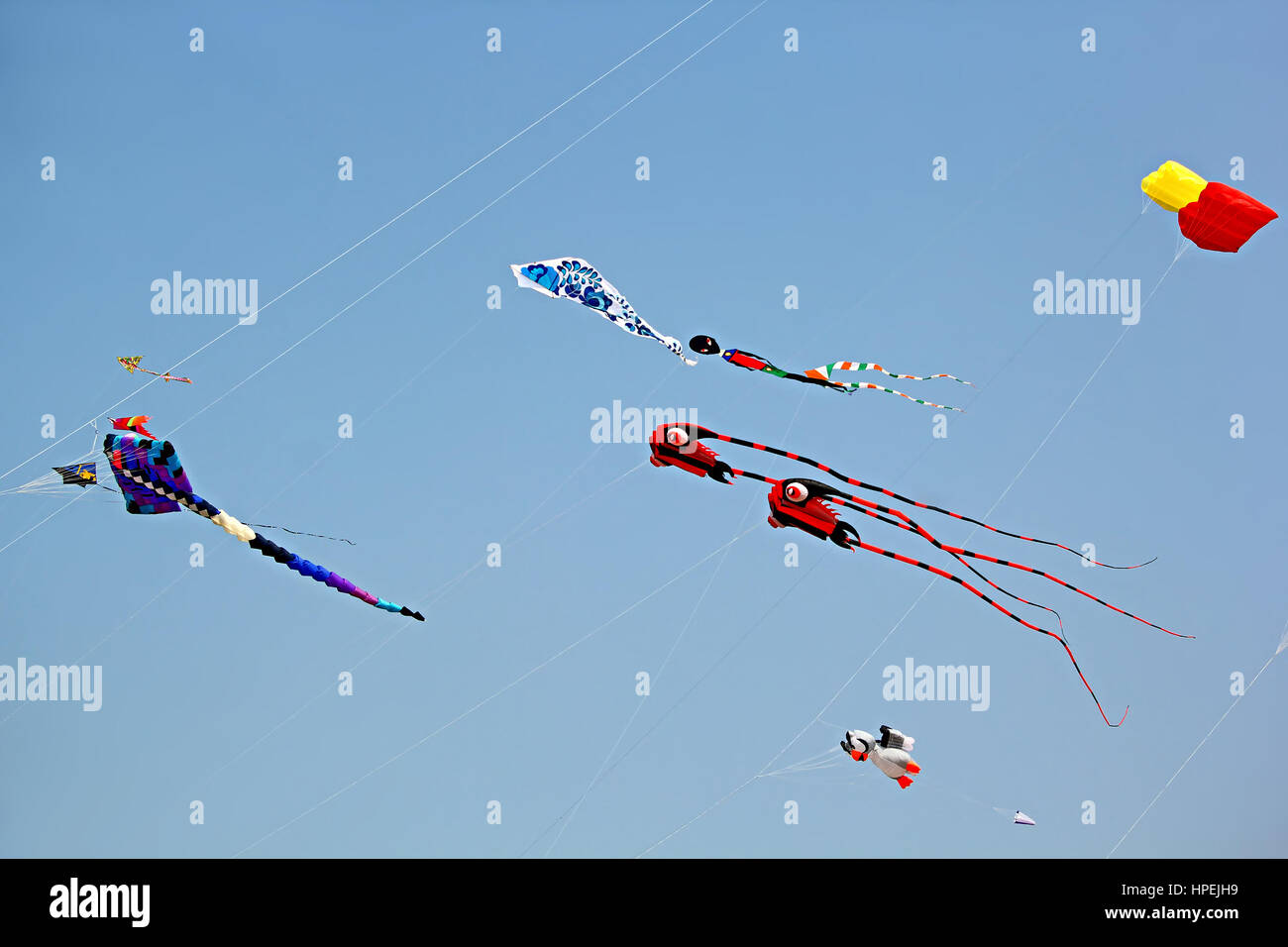 Varied shapes and designs of kites flying during the Goa International