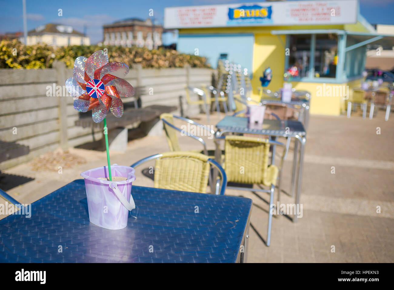 Norfolk coast UK, view in summer of a cafe terrace on the seafront at Great Yarmouth in Norfolk, UK. Stock Photo