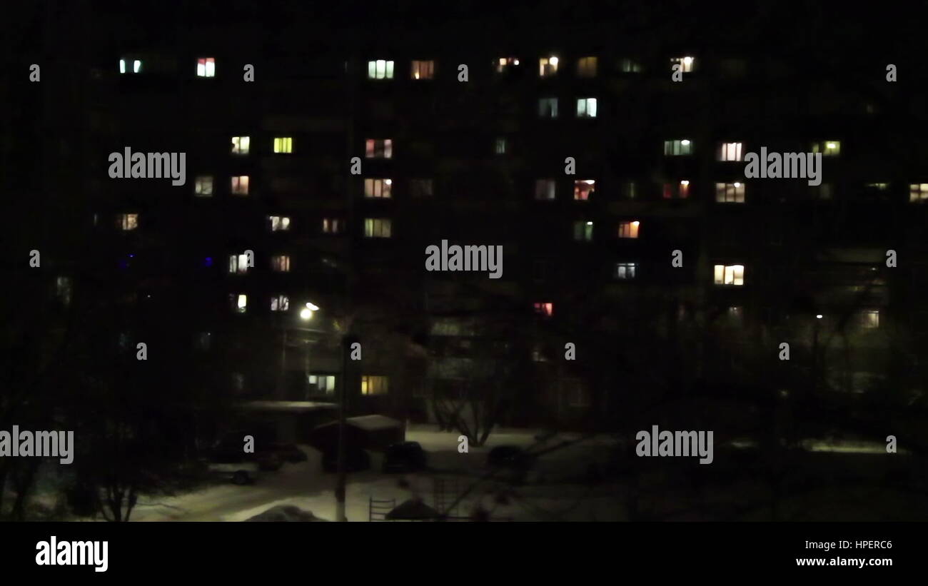 Time lapse of Highdensity apartment block at night, Kursk Stock Photo