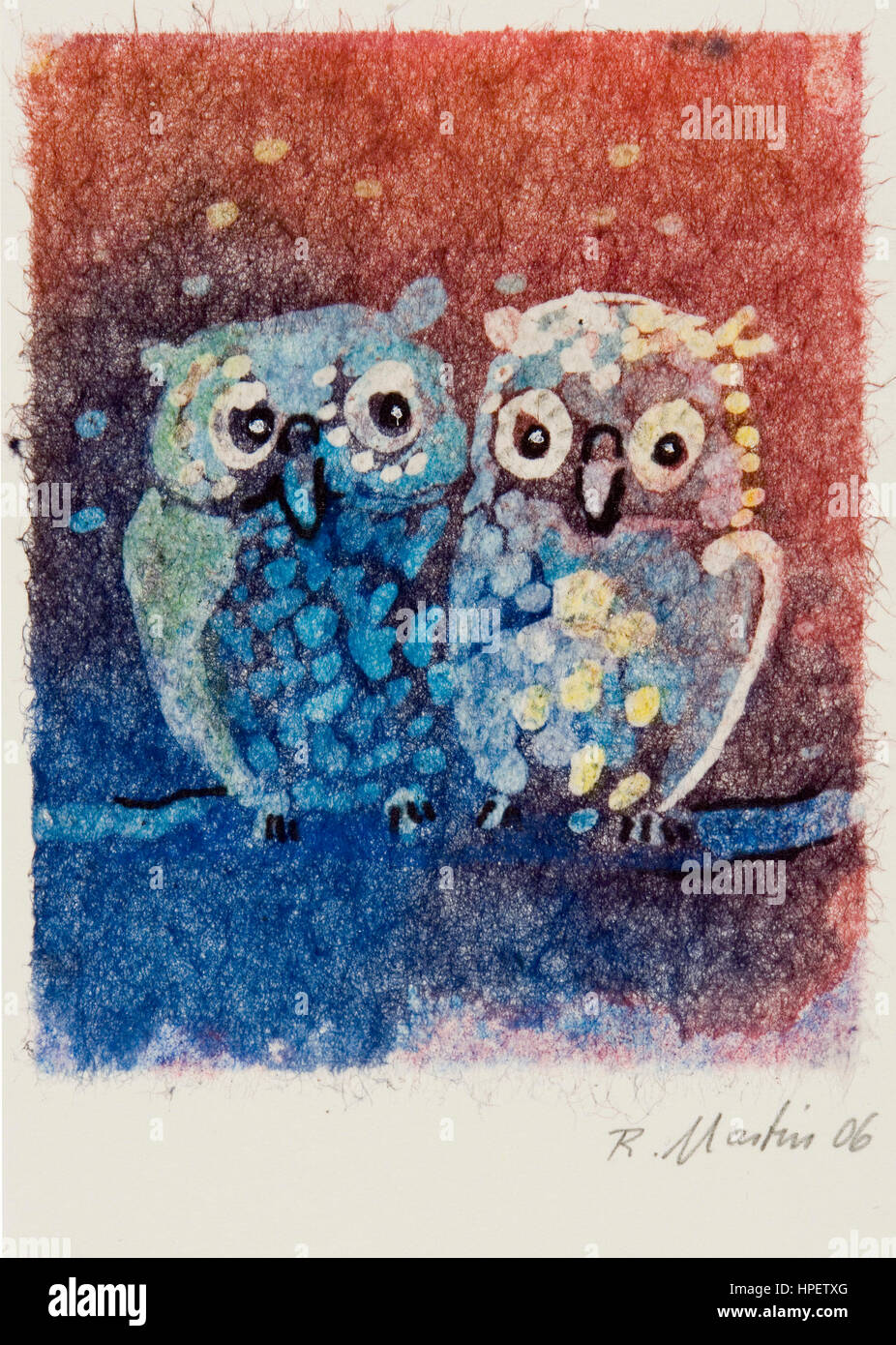 Owls by Regine Martin, Batik on Silk Japan, Stock Photo