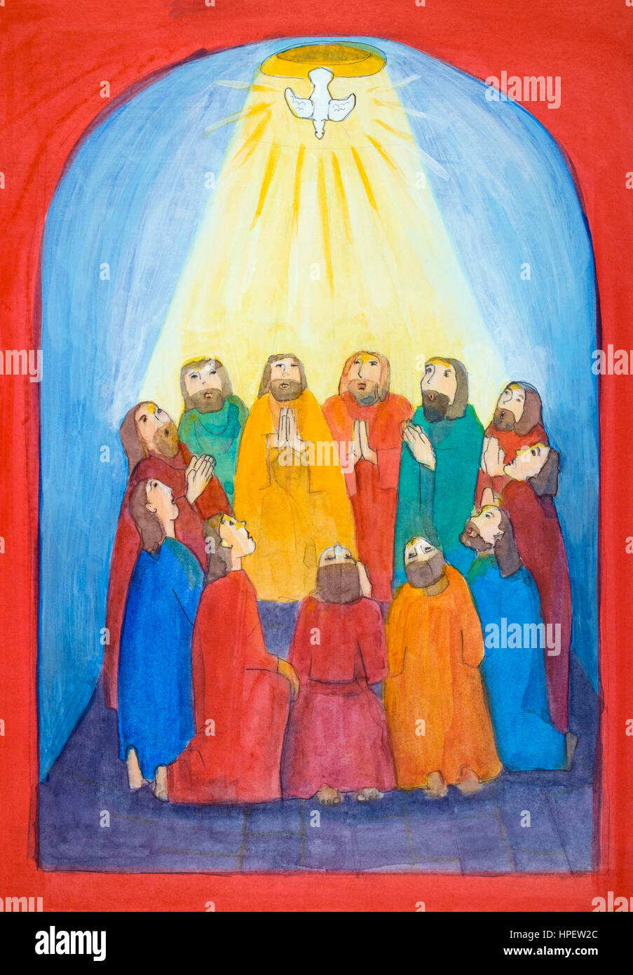 Paintings by Regine Martin, mixed technique, Pentecost, peace dove, Holy Spirit, Jesus' disciples Stock Photo