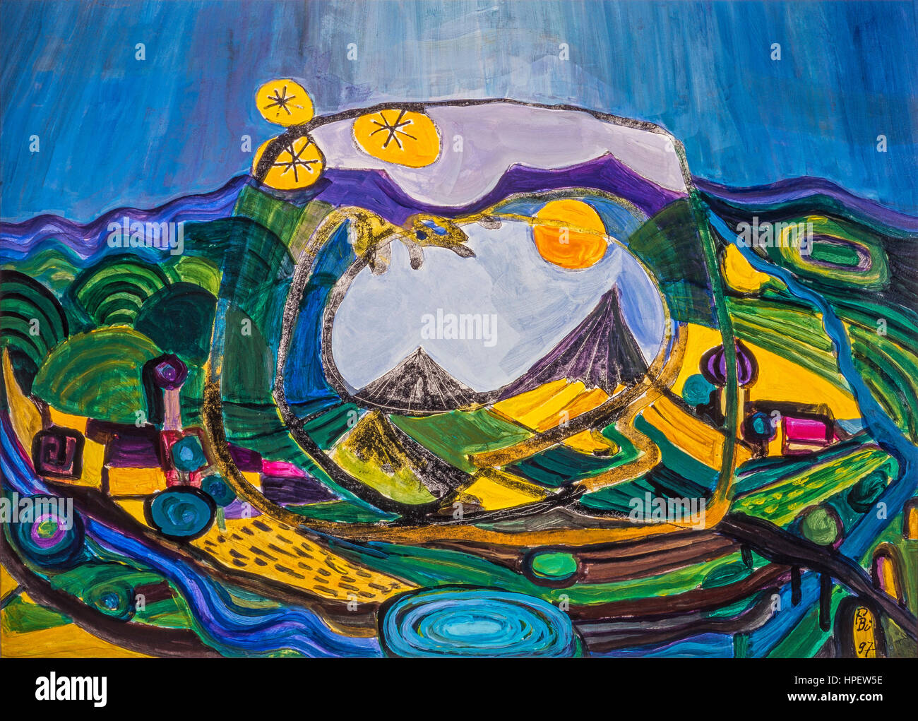 Painting of Pia Bühler, Landscape I, etching and acrylic Stock Photo