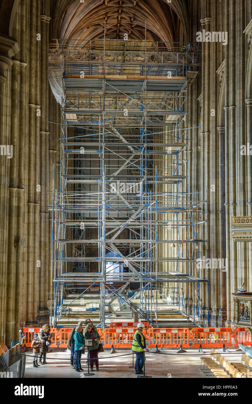 Installation of scaffolding in the nave at Canterbury cathedral, England, february 2017. Stock Photo