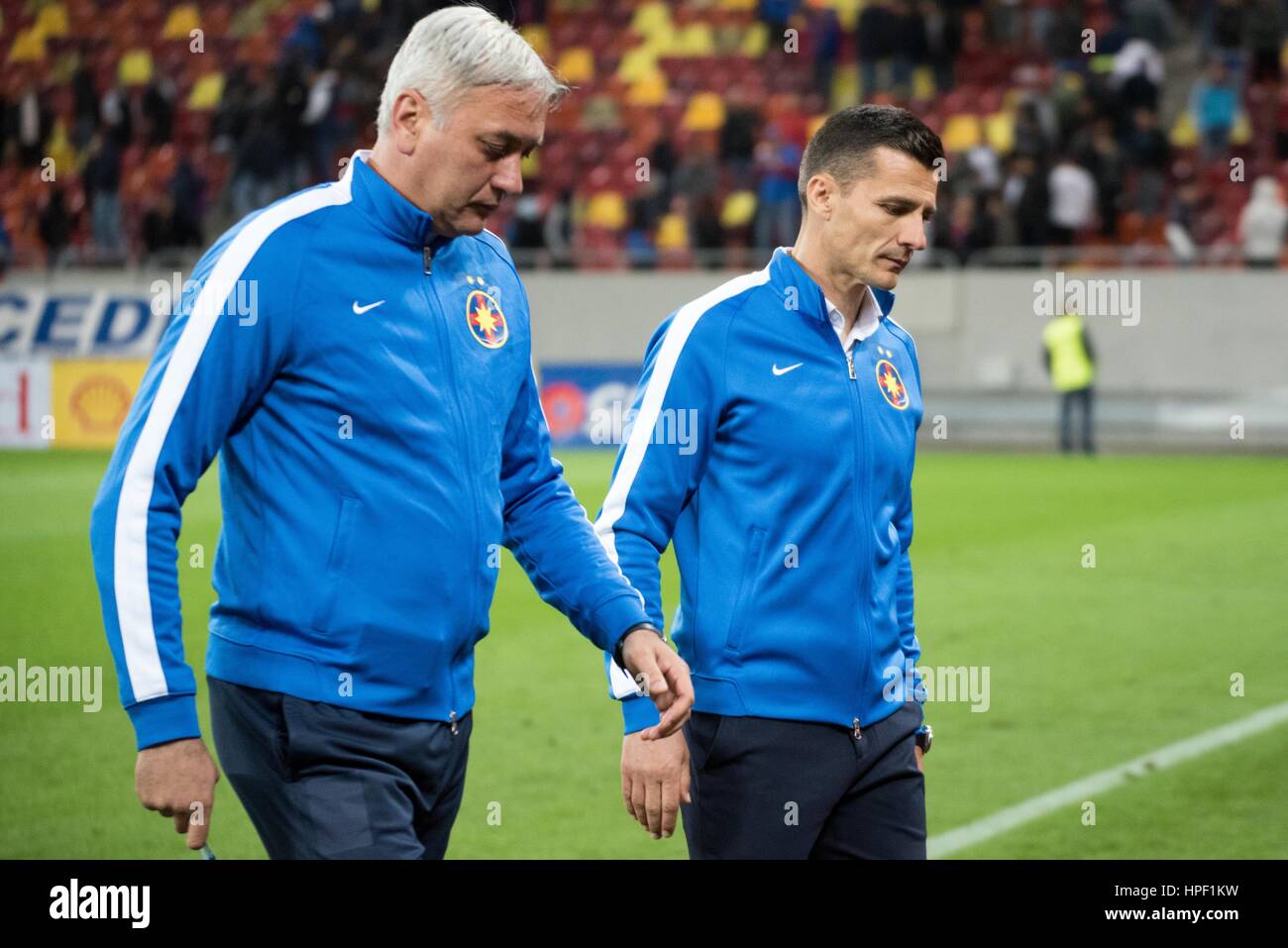 April 29, 2015: Stefan Preda, asistent coach and Costantin Galca the coach of FCSB  at the end of the Liga I Soccer Romania game between FC Steaua Bucharest ROU and ASA 2013 Targu Mures ROU at National Arena, Bucharest,  Romania ROU. Foto: Catalin Soare Stock Photo