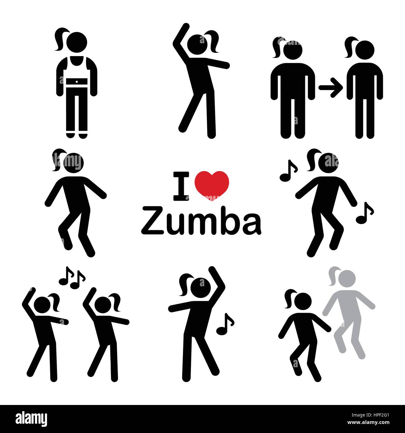Zumba dance, workout fitness icons set Stock Vector