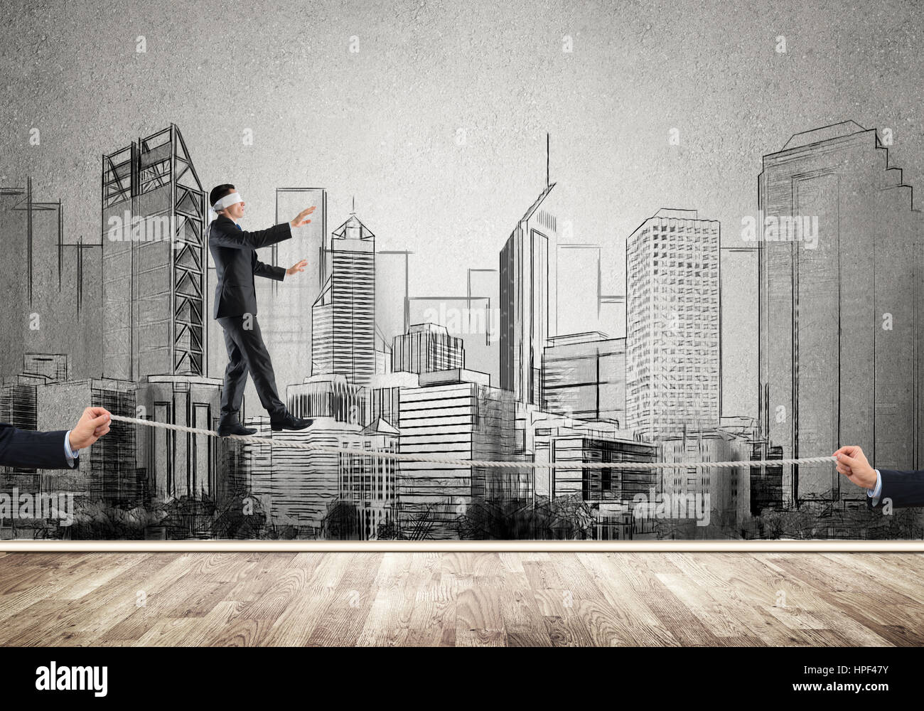 Businessman with blindfolder on eyes walking on rope Stock Photo - Alamy