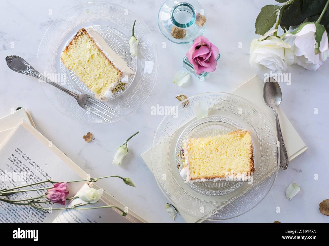 Slices of chiffon cake on marble table Stock Photo