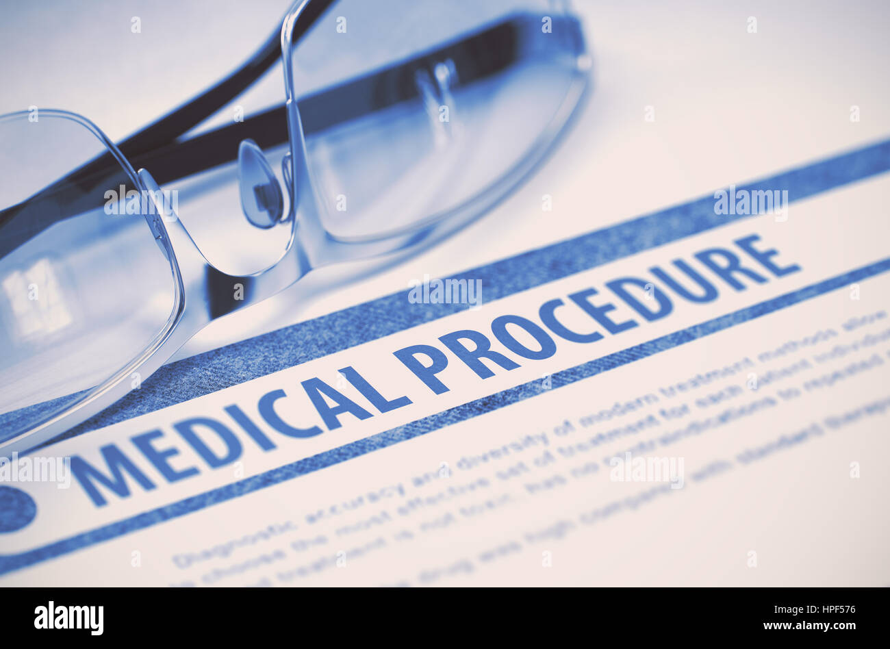 Medical Procedure - Medical Concept on Blue Background with Blurred Text and Composition of Glasses. 3D Rendering. Stock Photo