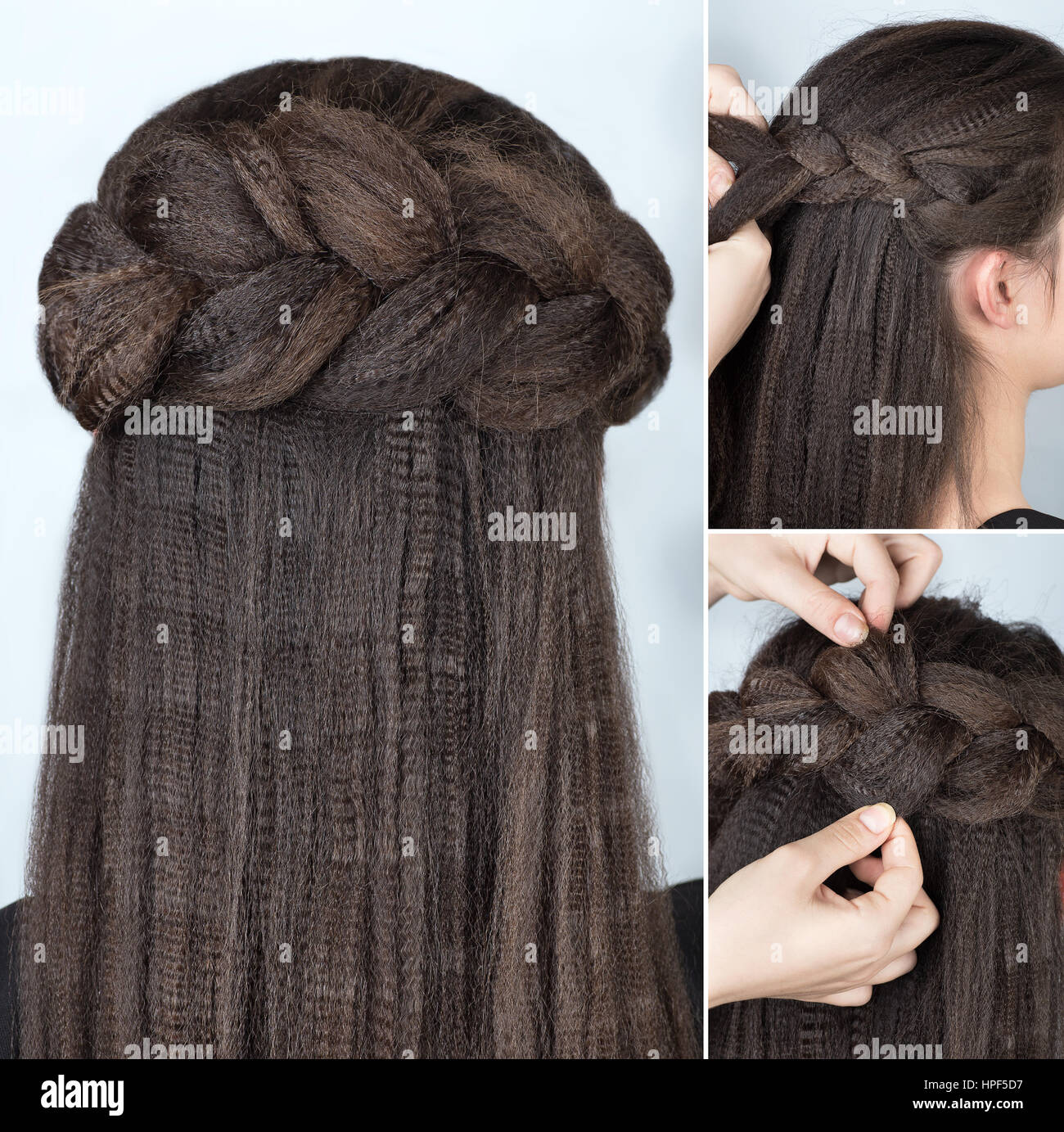 Process of weaving braid. Hairstyle for long hair. Boho style. Half-up  hairstyle volume braided crown tutorial step by step. Hairstyle for long  hair Stock Photo - Alamy