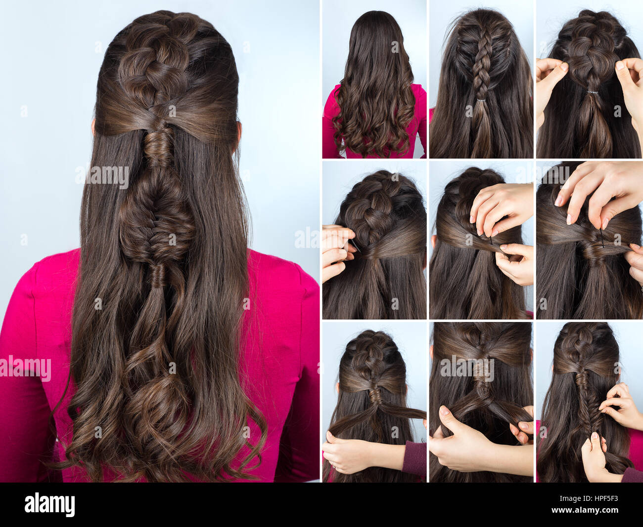 modern hairstyle boho braid with curly loose hair. Hairstyle tutorial for  long curly hair. Hairstyle for party tutorial step by step Stock Photo -  Alamy