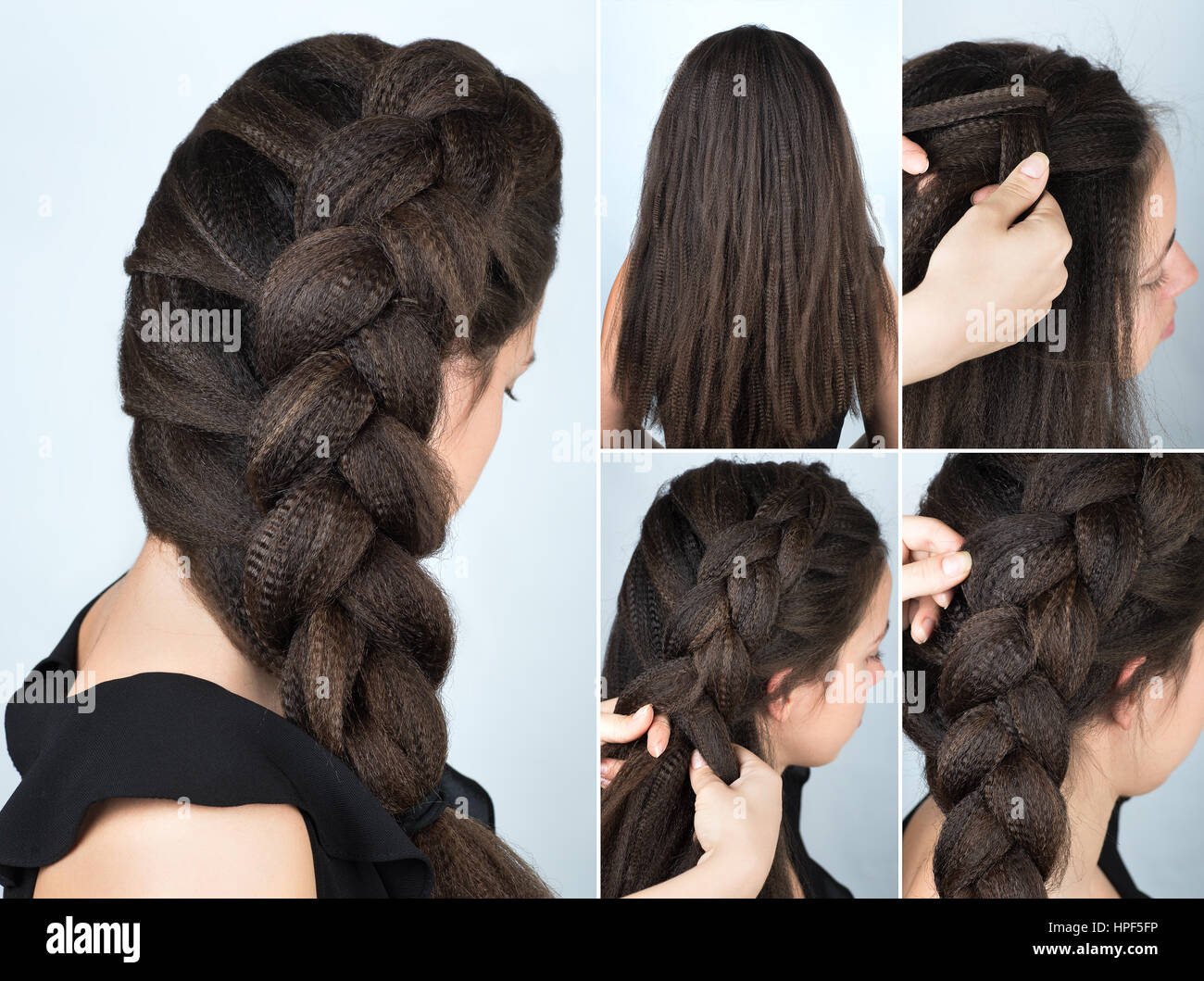 hairstyle volume braid to one side tutorial. Hairstyle for long hair.  Hairstyle tutorial. Hairstyle for rippled hair Stock Photo - Alamy