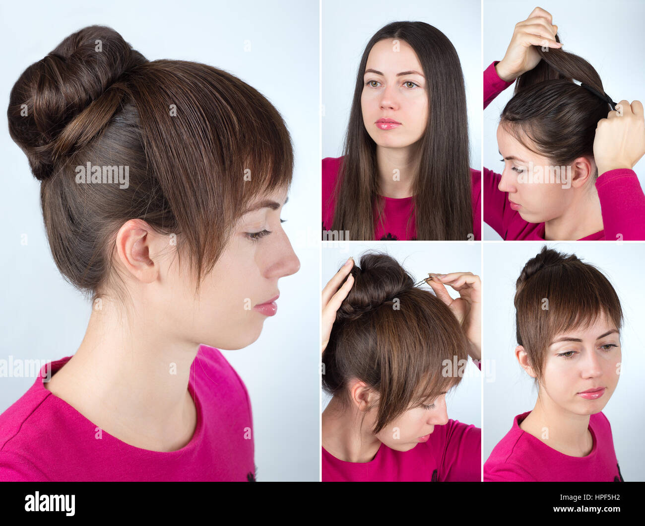 Hair tutorial step by step. Simple hairstyle twisted bun with forelock tutorial. Backstage technique of twist bun and creating bangs. Hairstyle for lo Stock Photo