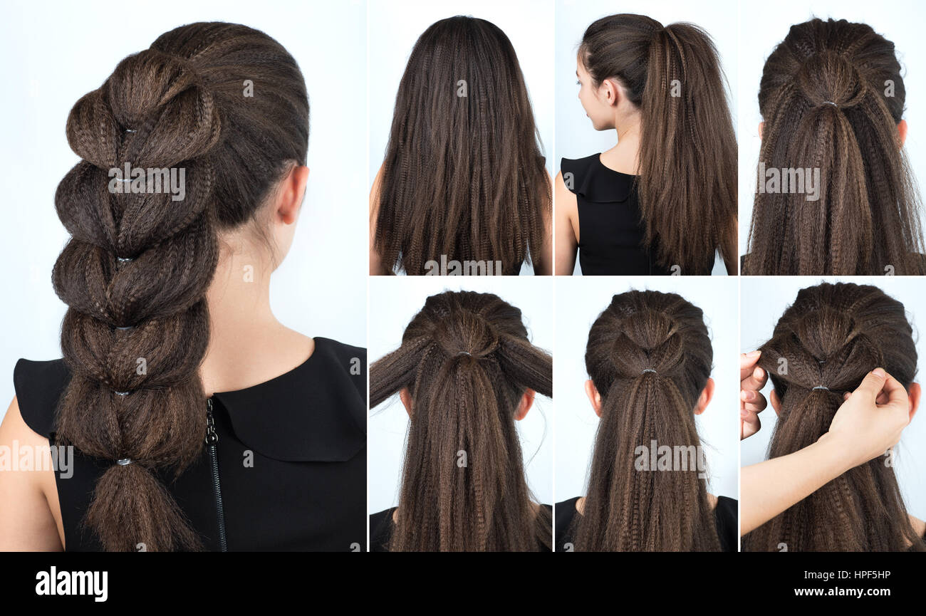 Hair tutorial. Festive hairstyle voluminous braid tutorial. Backstage technique of weaving plait. Hairstyle. Pull through braid. Hairstyle tutorial st Stock Photo