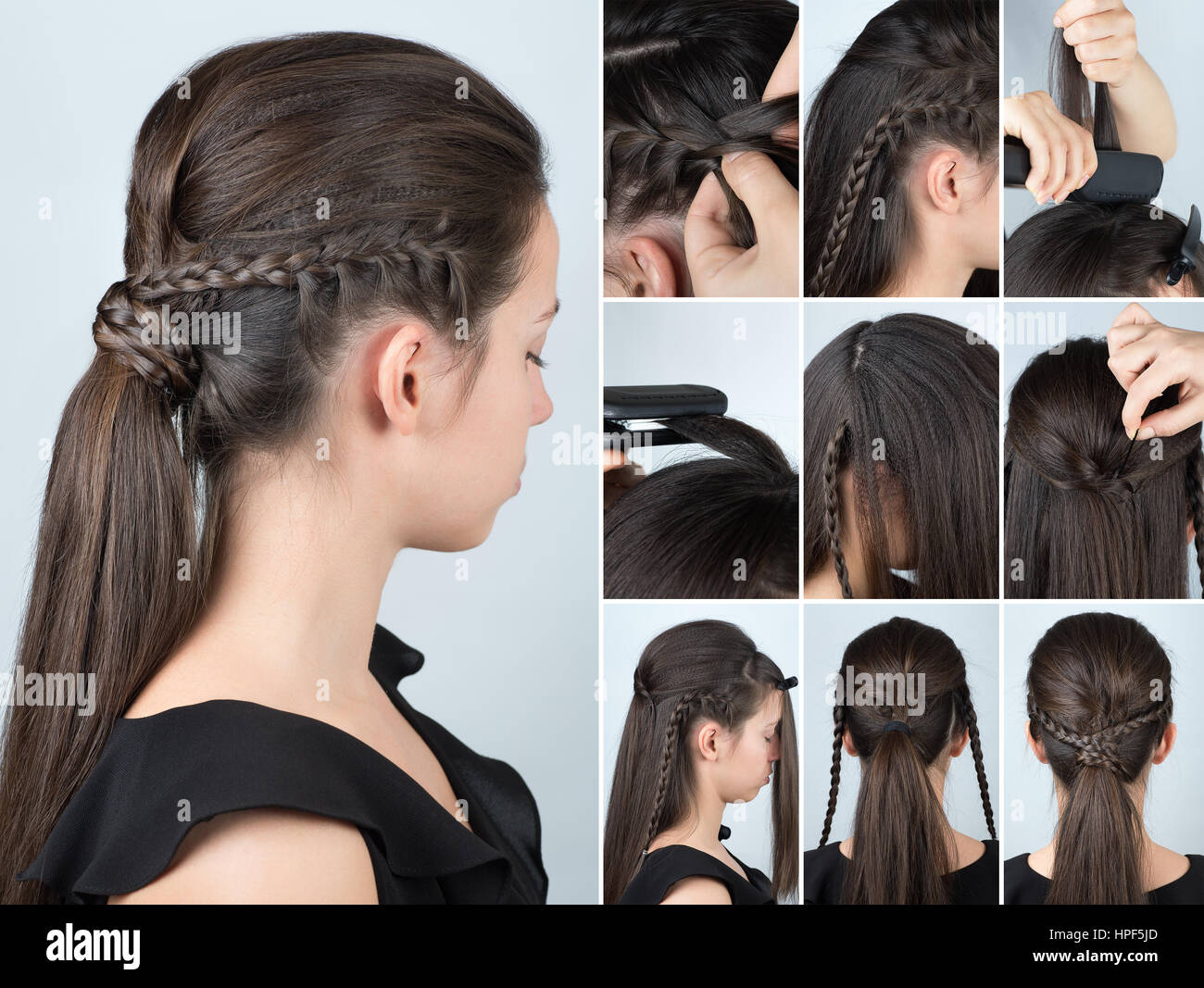 volume hairstyle ponytail with plait tutorial. Hairstyle for long hair. Hairstyle tutorial Stock Photo