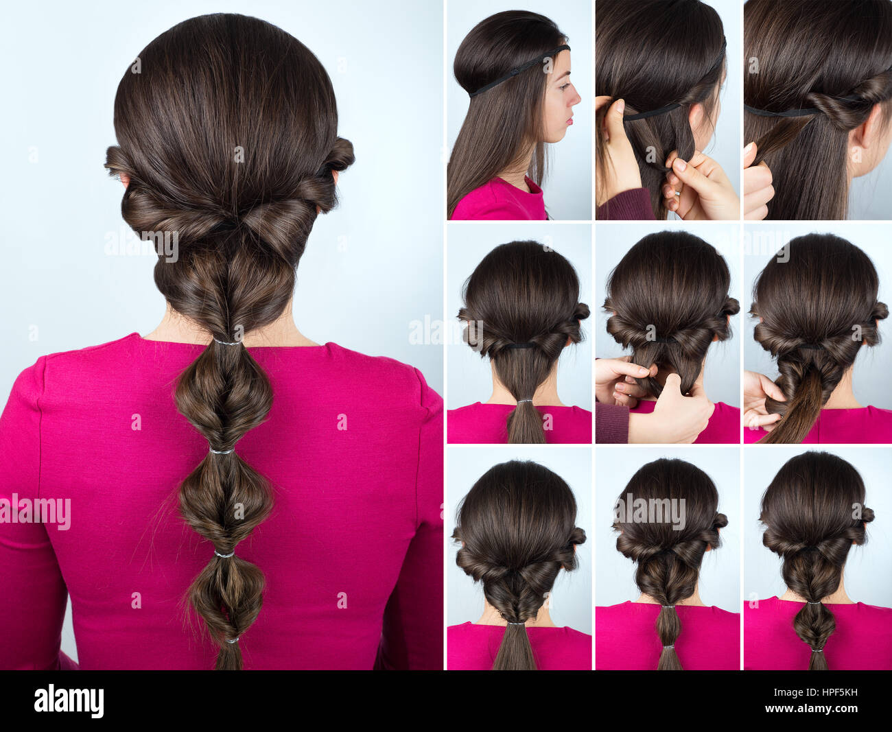 simple greek hairstyle twisted ponytail tutorial. Hairstyle tutorial for long  hair. Hair tutorial step by step. Hairstyle for party Stock Photo - Alamy