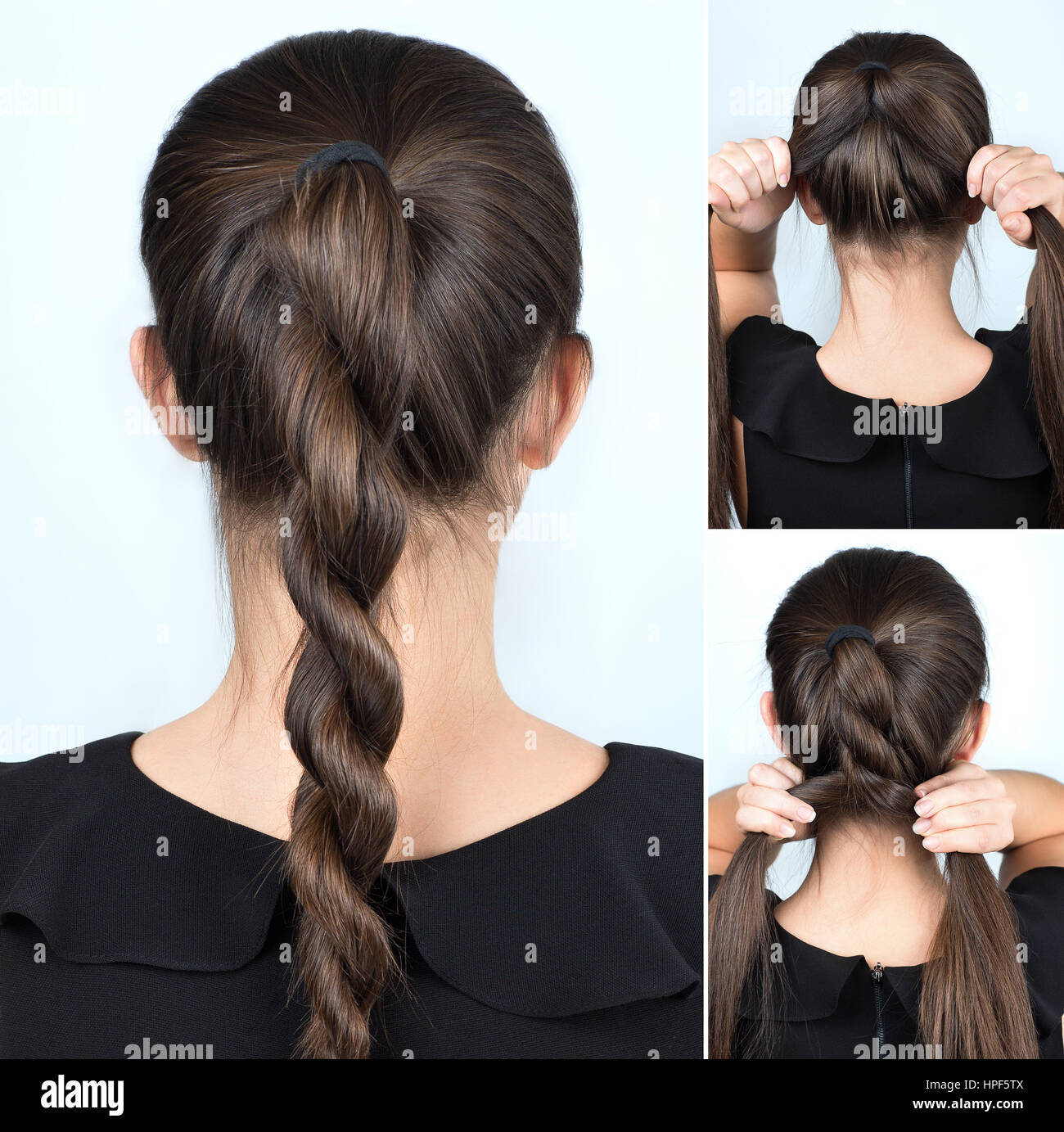 simple hairstyle twisted plait tutorial. Hairstyle for long hair Stock ...