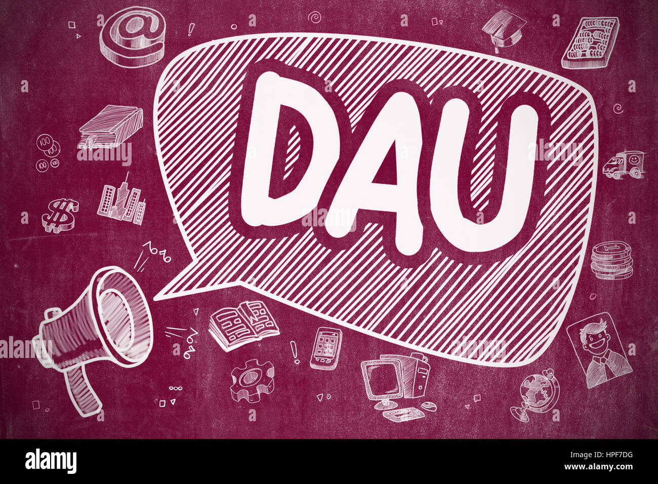 Speech Bubble with Text DAU - Daily Active Users Hand Drawn. Illustration on Red Chalkboard. Advertising Concept. Stock Photo