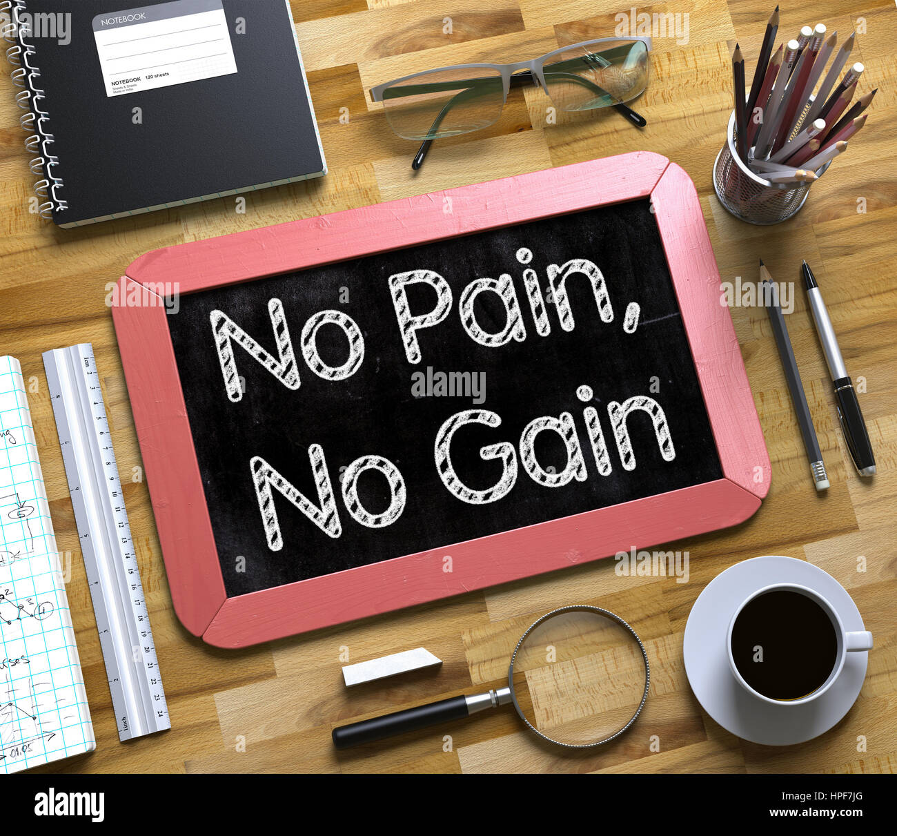No Pain, No Gain on Small Chalkboard. No Pain, No Gain Handwritten on Red  Small Chalkboard. Top View of Wooden Office Desk with a Lot of Business and  Stock Photo - Alamy