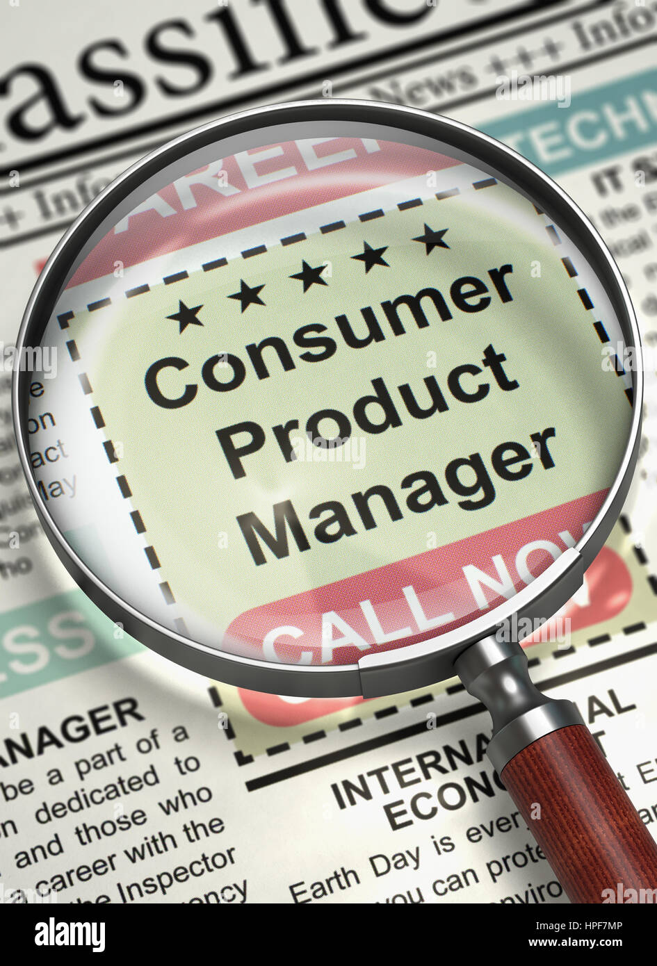 Consumer Product Manager - Vacancy in Newspaper. Consumer Product Manager - CloseUp View Of A Classifieds Through Loupe. Hiring Concept. Blurred Image Stock Photo