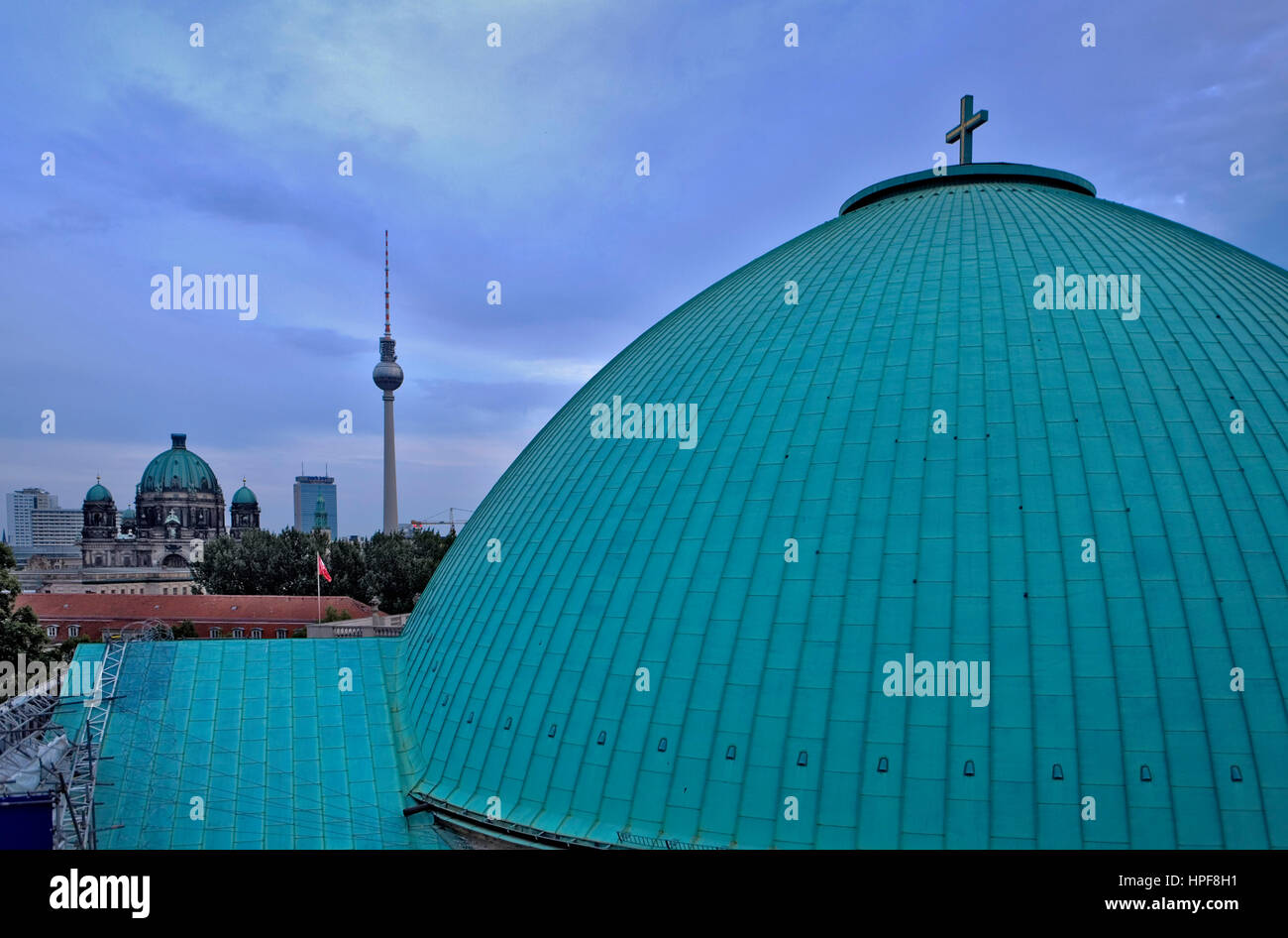 Cupola of St Hedwings cathedral with Fernsehturm and  Berliner Dom.Berlin. Germany Stock Photo