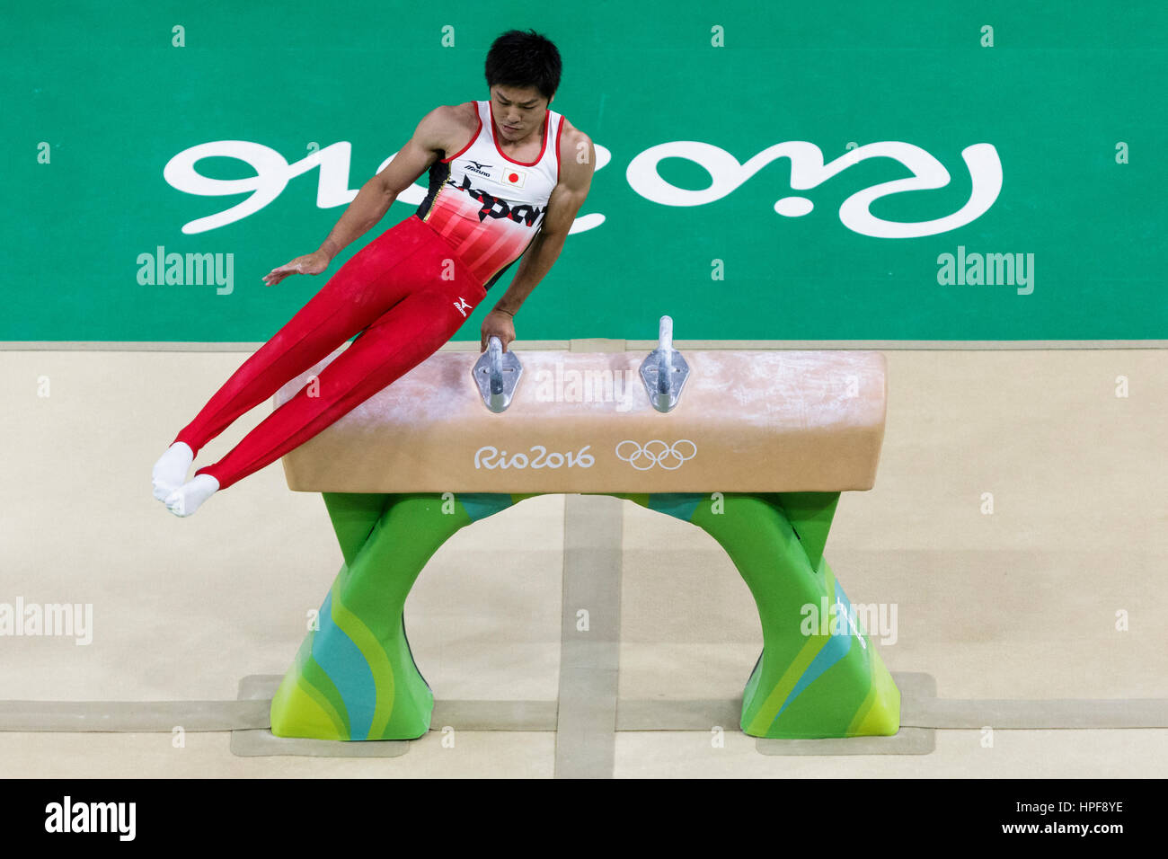 Rio de Janeiro, Brazil. 8 August 2016. Koji Yamamuro (JPN) preforms on the Pommel Horse as part of the Gold medal winning Men's Gymnastics Team  at th Stock Photo