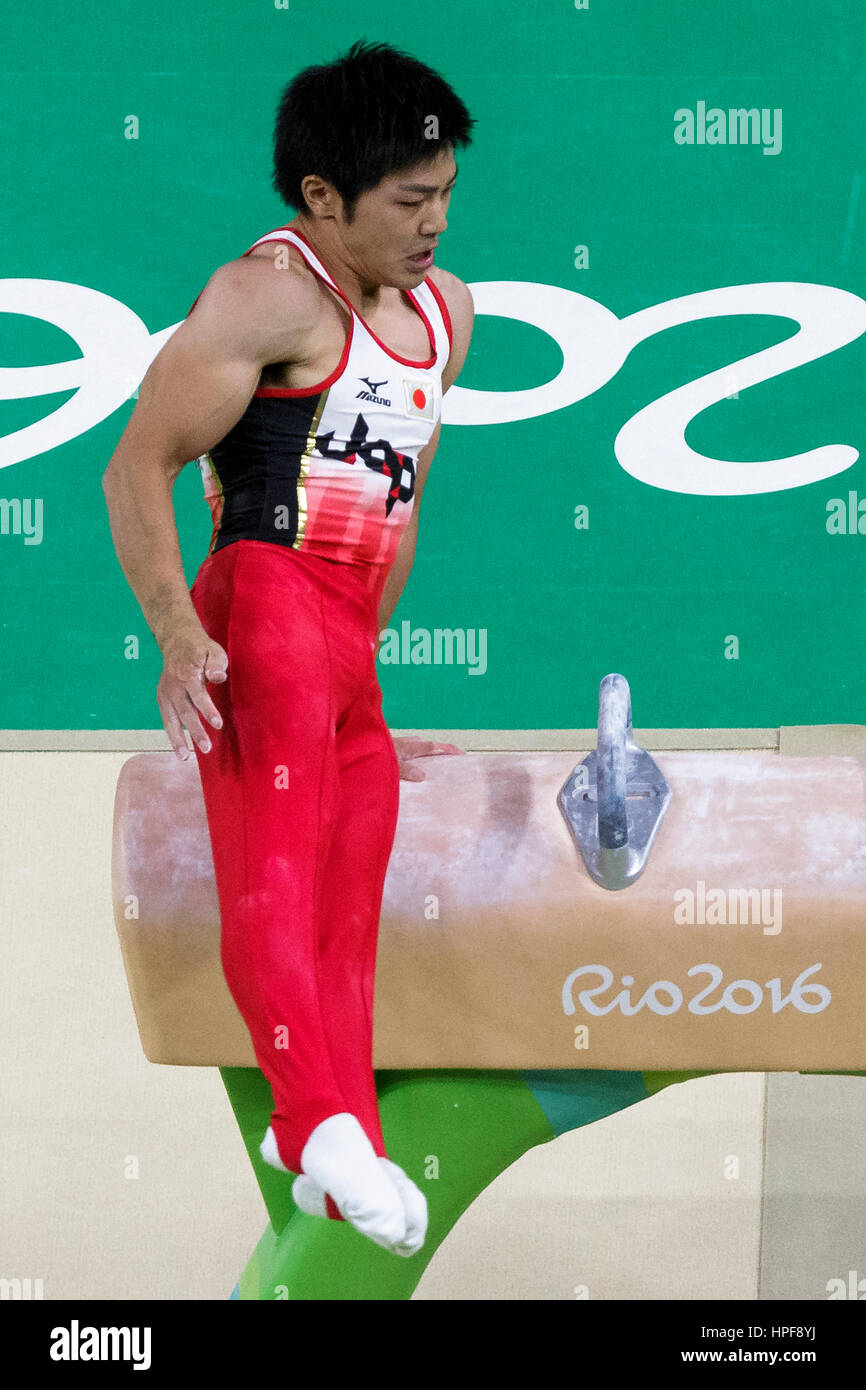 Rio de Janeiro, Brazil. 8 August 2016. Koji Yamamuro (JPN) preforms on the Pommel Horse as part of the Gold medal winning Men's Gymnastics Team  at th Stock Photo