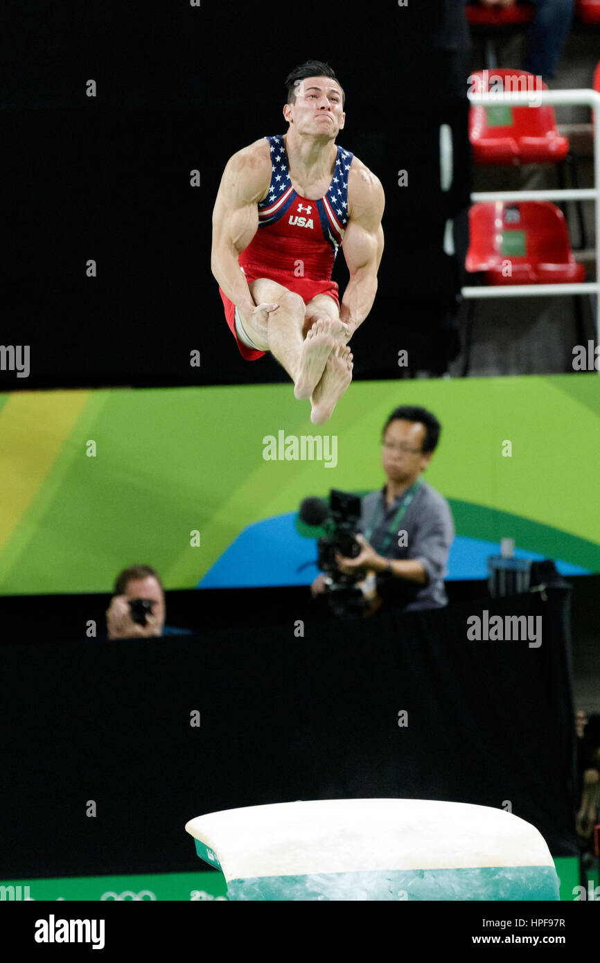 Rio de Janeiro, Brazil. 08 August 2016  Alexander Naddour (USA) performs on the Vault during Men's artistic team final at the 2016 Olympic Summer Game Stock Photo