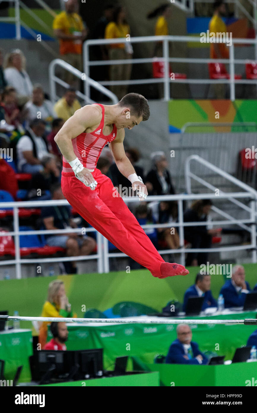 Rio de Janeiro, Brazil. 08 August 2016 Max Whitlock (GBR) performs on the Horizontal Bar during Men's artistic team final at the 2016 Olympic Summer G Stock Photo
