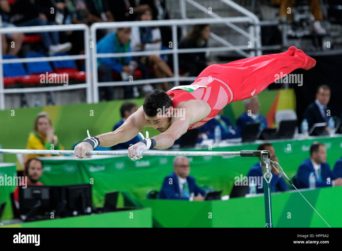 Rio de Janeiro, Brazil. 08 August 2016 Kristian Thomas (GBR) performs on the Horizontal Bar during Men's artistic team final at the 2016 Olympic Summe Stock Photo
