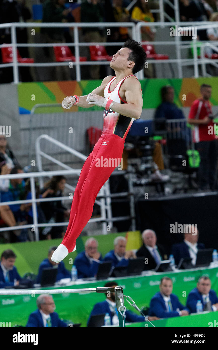 Rio de Janeiro, Brazil. 8 August 2016. Yusuke Tanaka (JPN) preforms on the Horizontal Bar as part of the Gold medal winning Men's Gymnastics Team  at Stock Photo