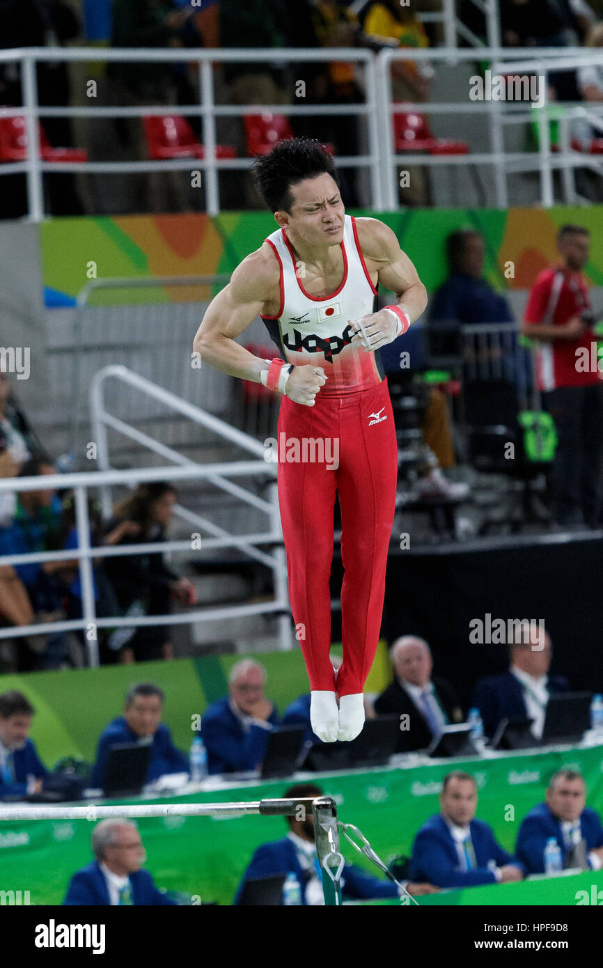 Rio de Janeiro, Brazil. 8 August 2016. Yusuke Tanaka (JPN) preforms on the Horizontal Bar as part of the Gold medal winning Men's Gymnastics Team  at Stock Photo
