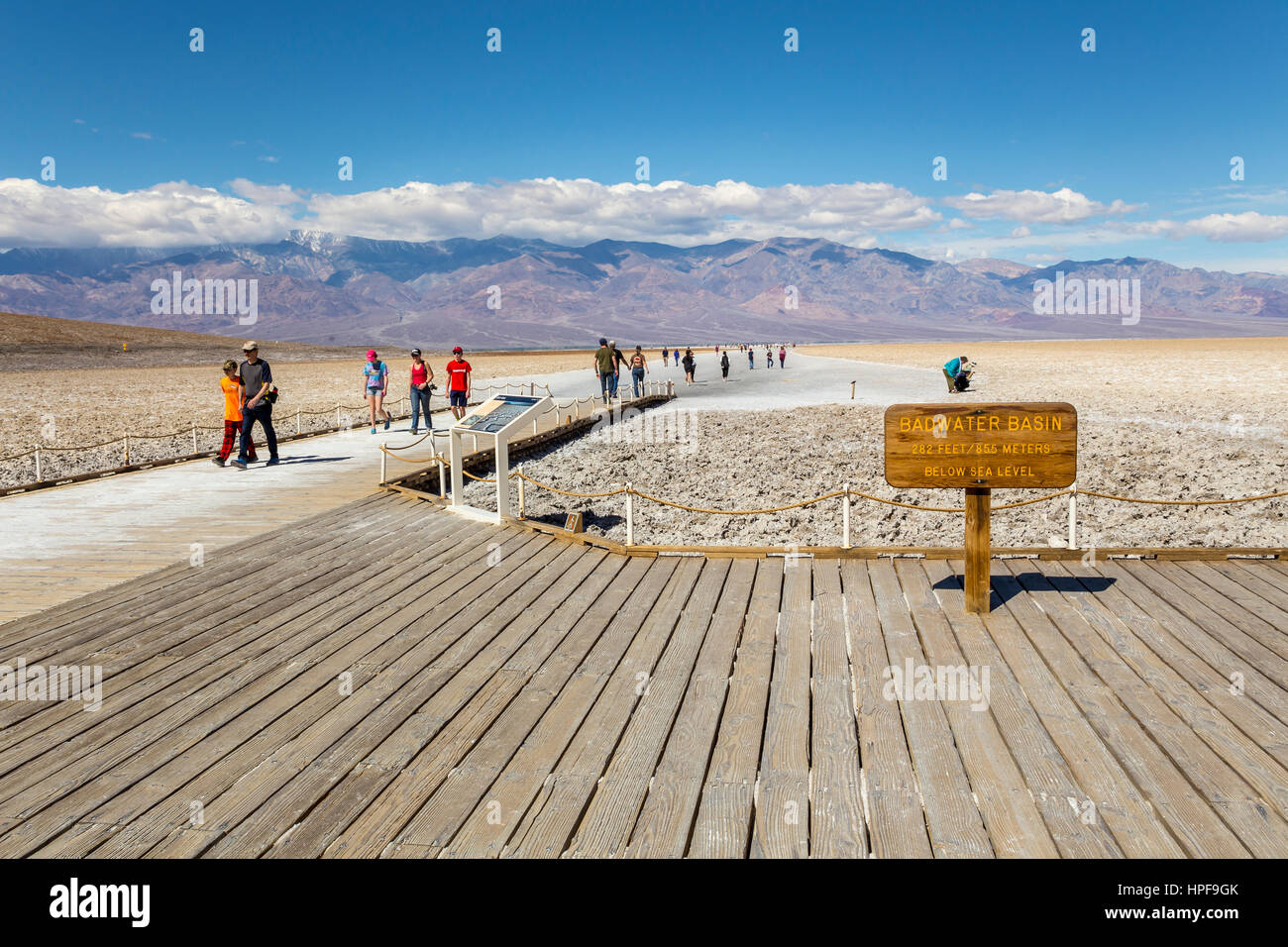 people, tourists, visitors, visiting, Badwater Basin, 282 feet below sea level, Death Valley National Park, Death Valley, California Stock Photo