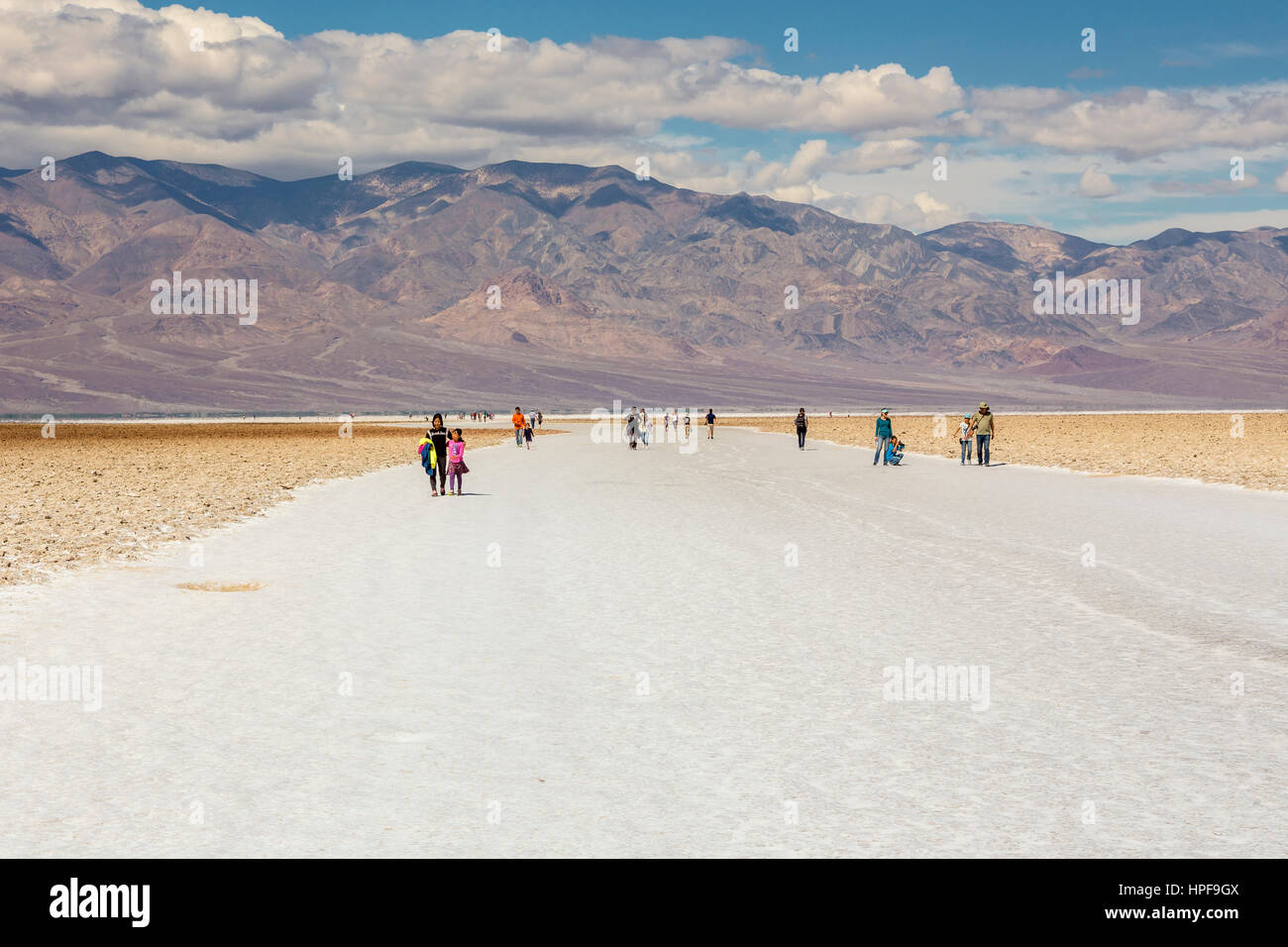 people, tourists, visitors, visiting, Badwater Basin, 282 feet below sea level, Death Valley National Park, Death Valley, California Stock Photo
