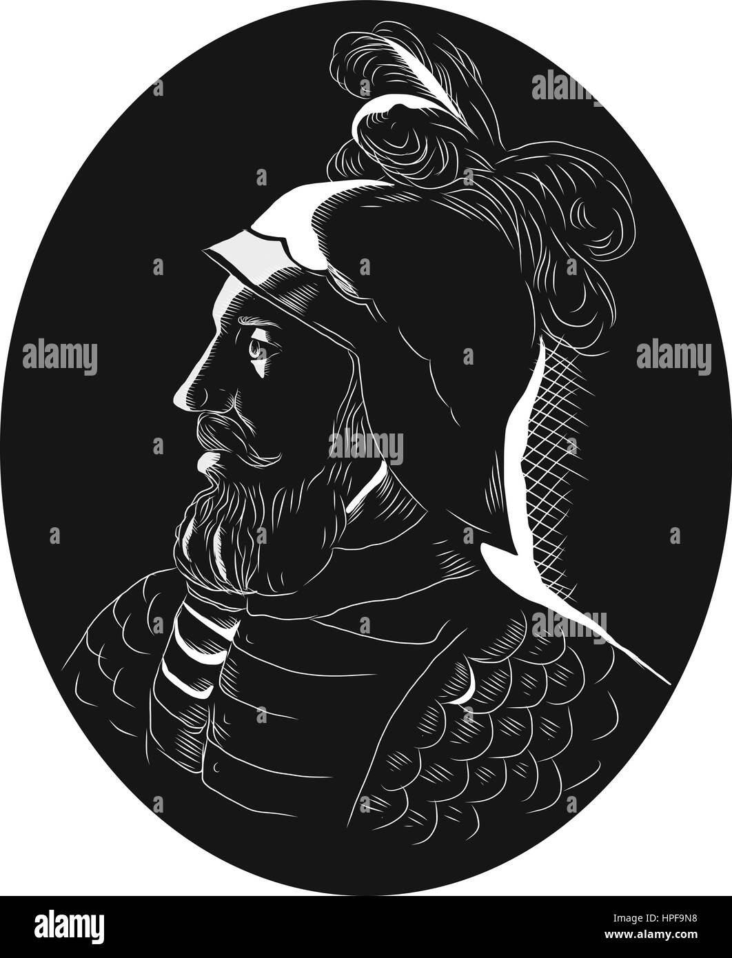 Illustration of Vasco Nunez de Balboa, Spanish explorer, governor, and conquistador who crossed the Isthmus of Panama to the Pacific Ocean in 1513 and Stock Vector
