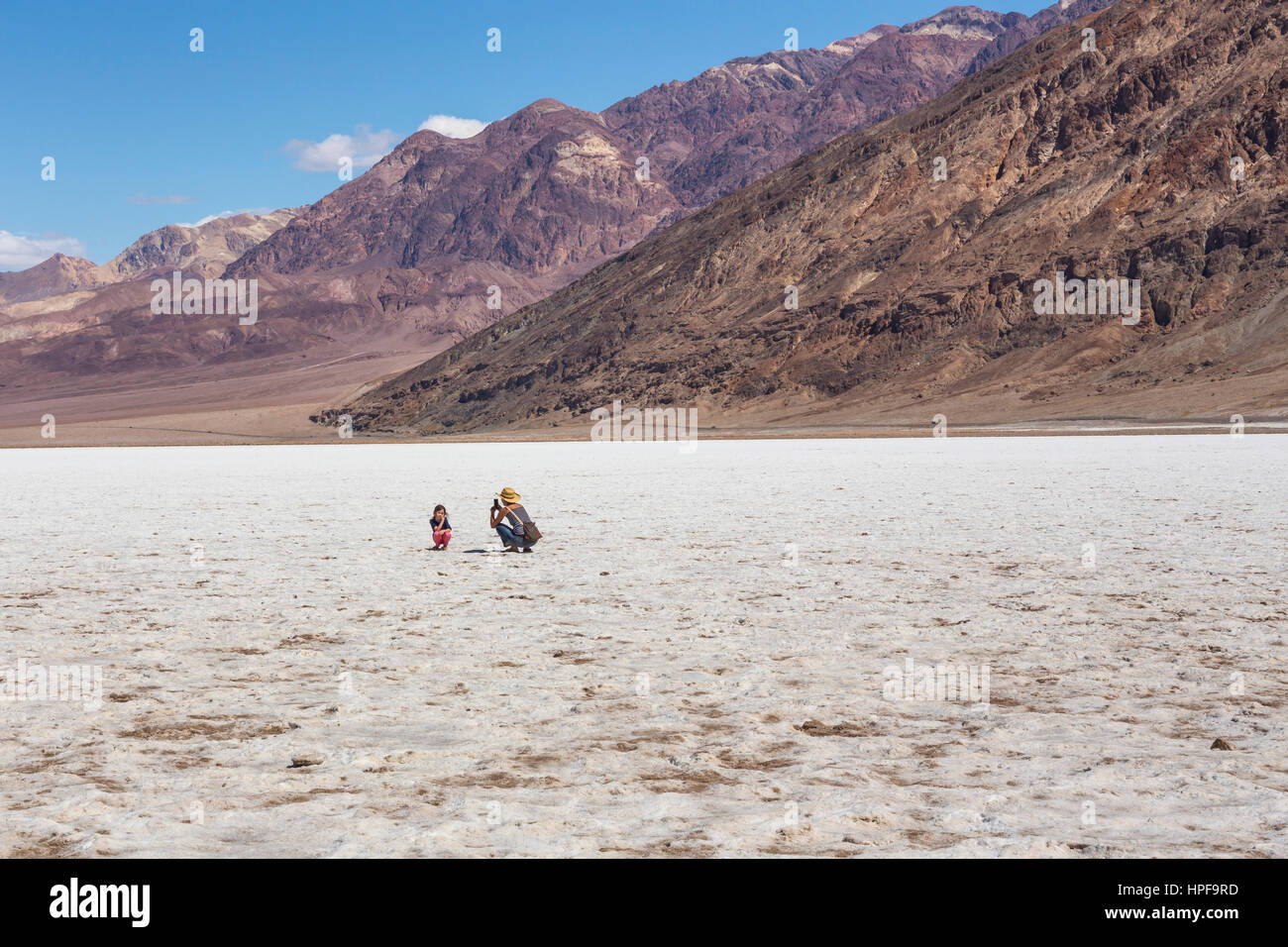 tourists, visitors, visiting, Badwater Basin, 282 feet below sea level, Death Valley National Park, Death Valley, California Stock Photo