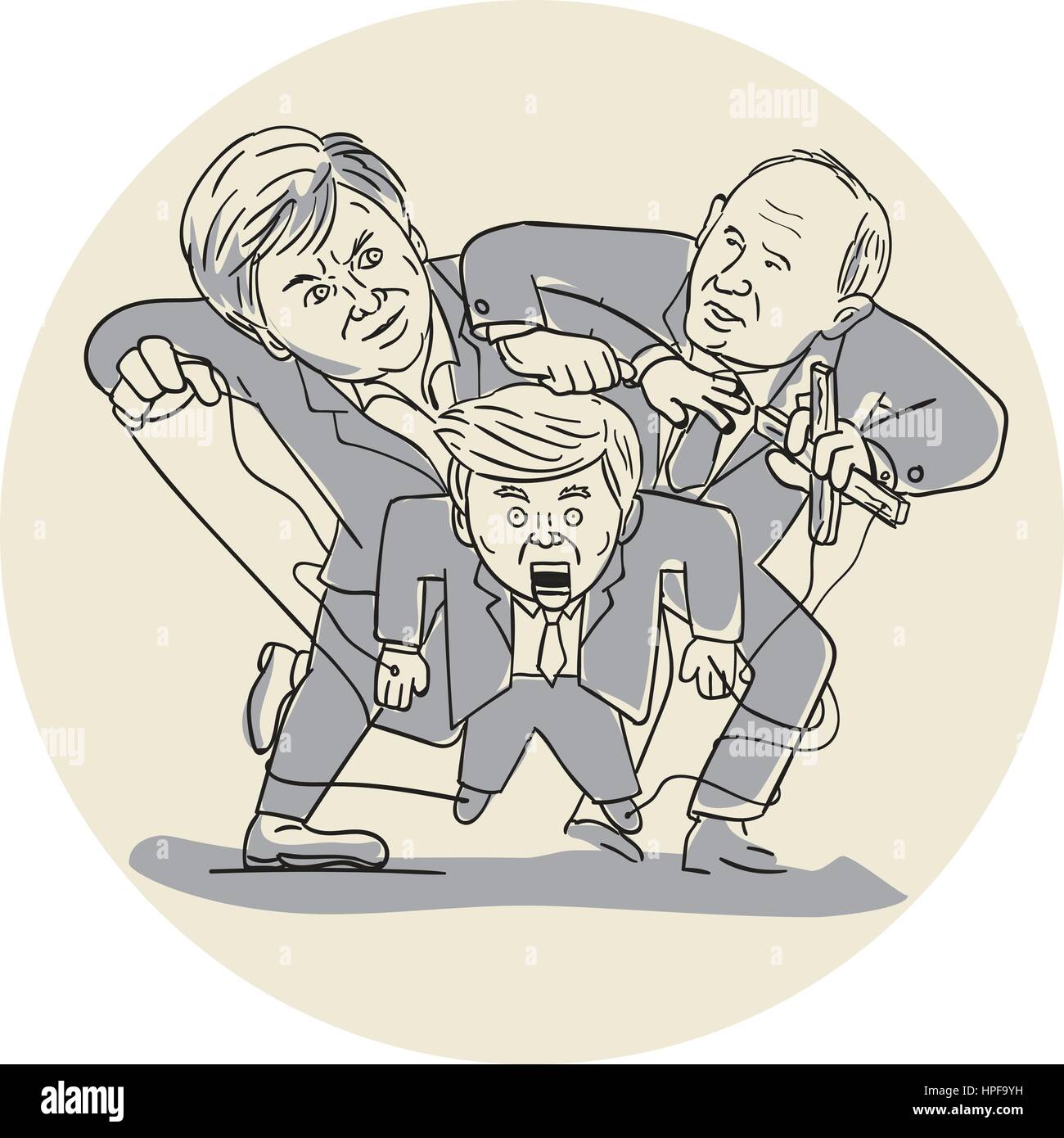 Illustration of two puppeteers fighting and wrestling control over one