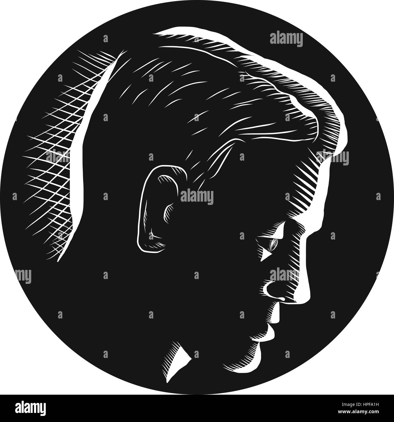 Illustration of a pensive man engage in deep thought viewed from side set inside circle on isolated background done in retro woodcut style. Stock Vector