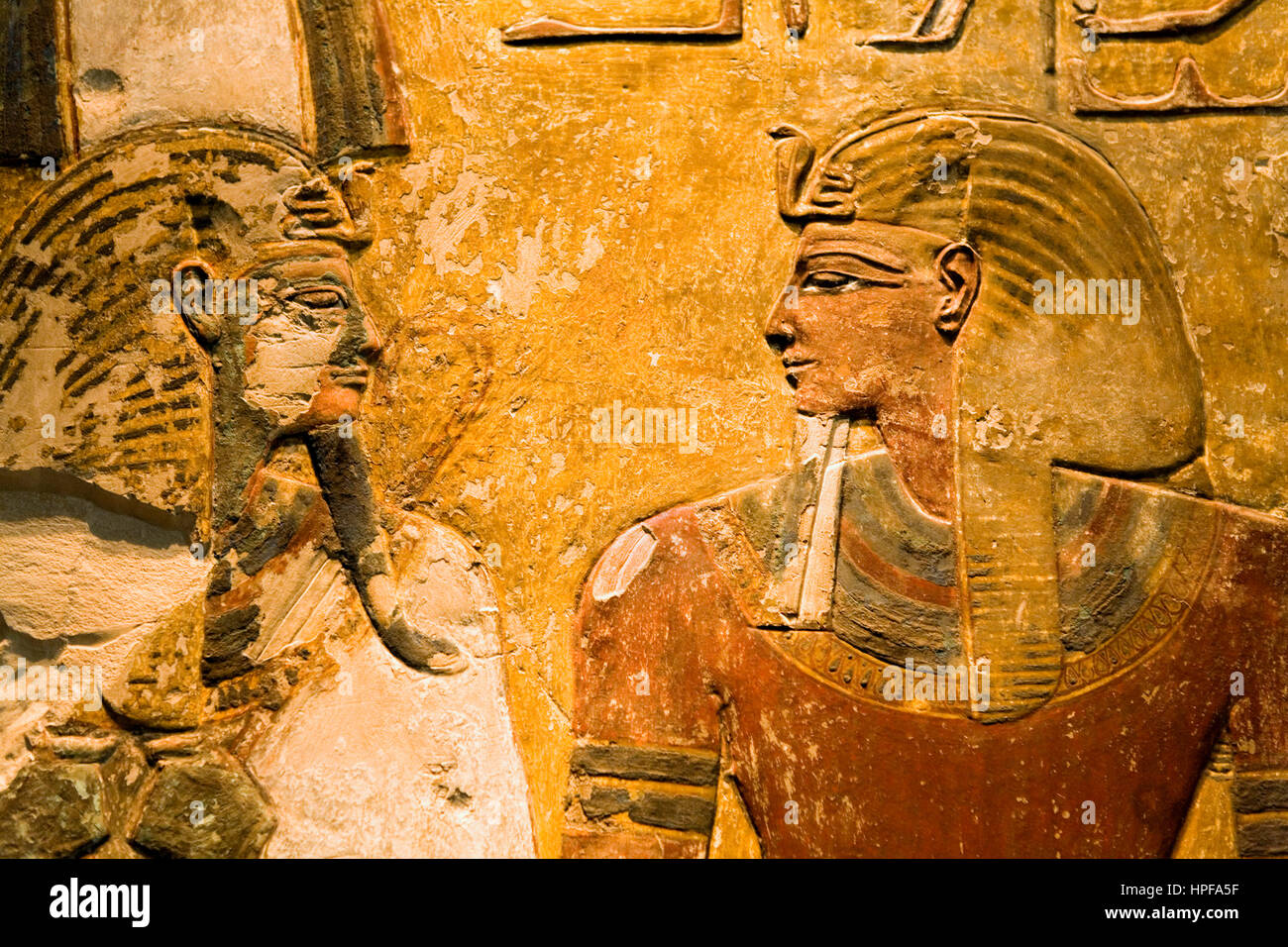 Museum Island.Neues Museum . Pillar fragment; King Seti I before the god Osiris 1290 aDC.Egyptian art.Berlin. Germany Stock Photo