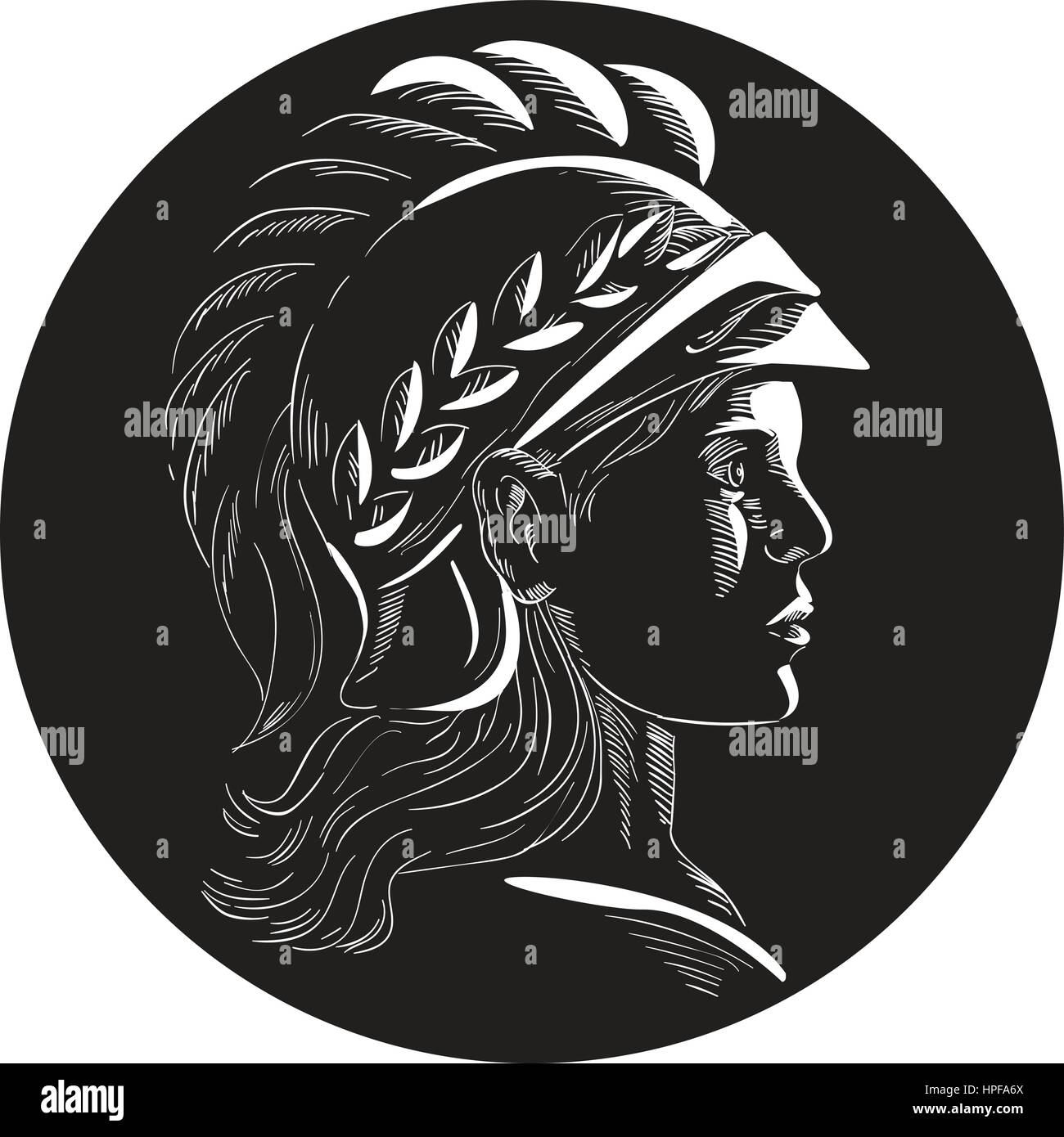 Illustration of Minerva or Menrva, the Roman goddess of wisdom and sponsor of arts, trade, and strategy wearing helmet and laurel crown viewed from si Stock Vector